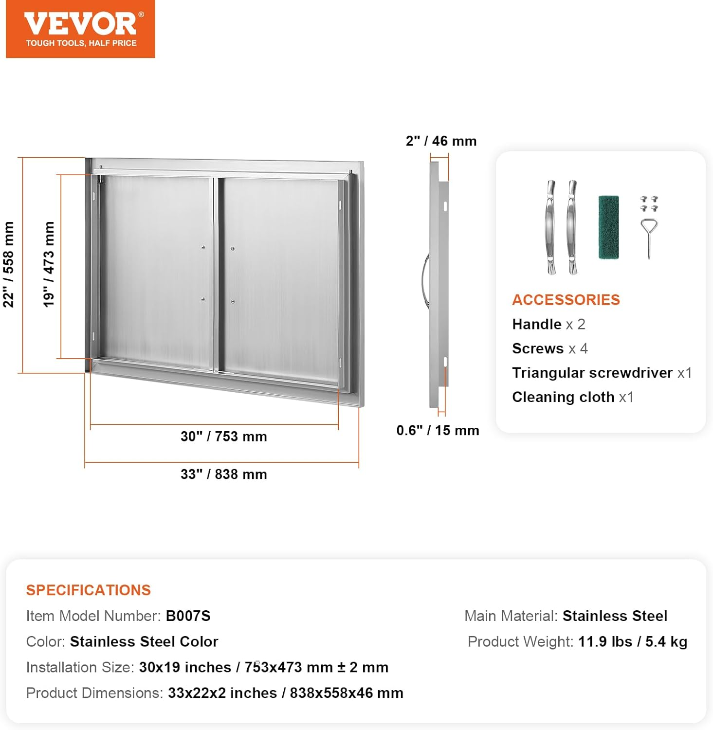 VEVOR BBQ Access Door, 838X558 Mm Double Outdoor Kitchen Door, Stainless Steel Flush Mount, Wall Vertical with Handles, for BBQ Island, Grilling Station, outside Cabinet image number 4