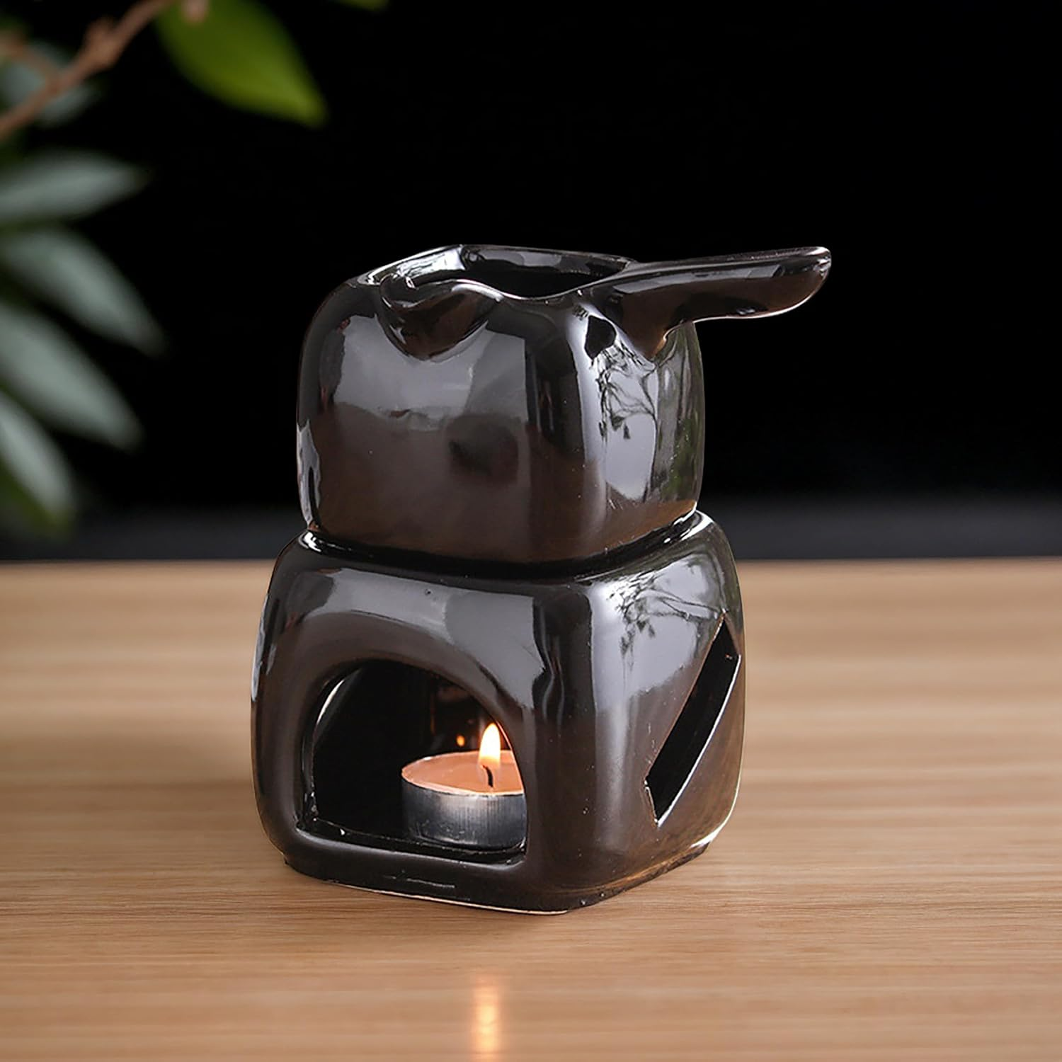 Black Ceramic Candle Diffuser, Tea Light Wax Melt Warmer, Oil Burner for Scented Oil - Black image number 6