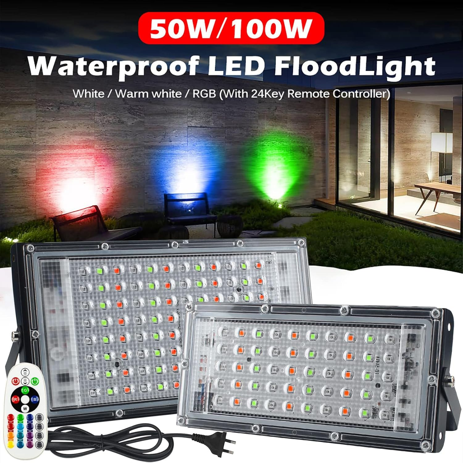 RGB Flood Light,Led Flood Light - 2 Pack 100W Smart RGB Light with Remote Control,Waterproof IP66 Floodlight,Outdoor Colour Changing Lights for Garden,Yard,Stage Lighting,Discos image number 3