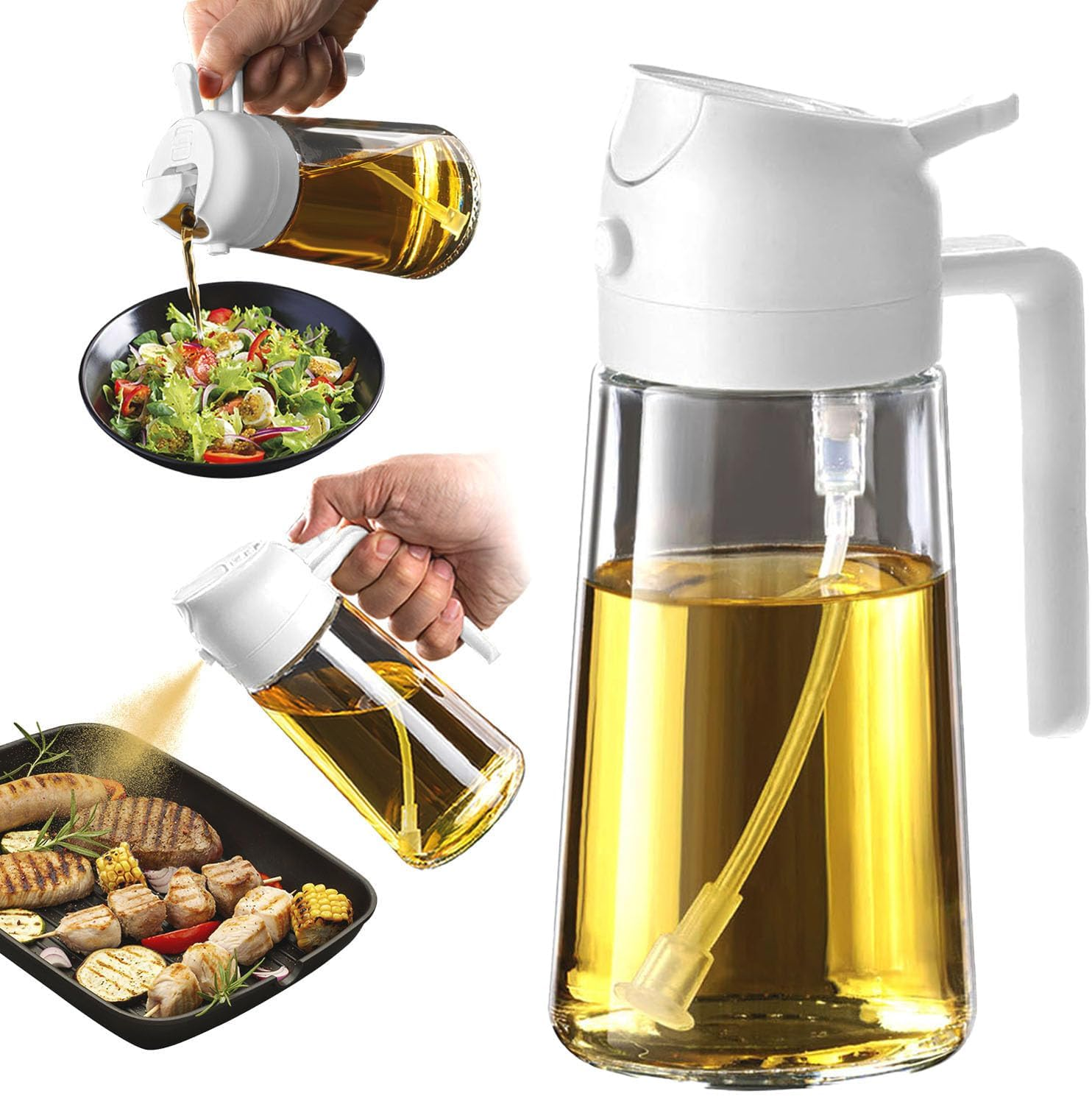 Trendplain 16Oz/470Ml Olive Oil Dispenser - 2 in 1 Olive Oil Spray Bottle for Cooking, Kitchen Tools, Air Fryer, Salad, and BBQ - White image number 1