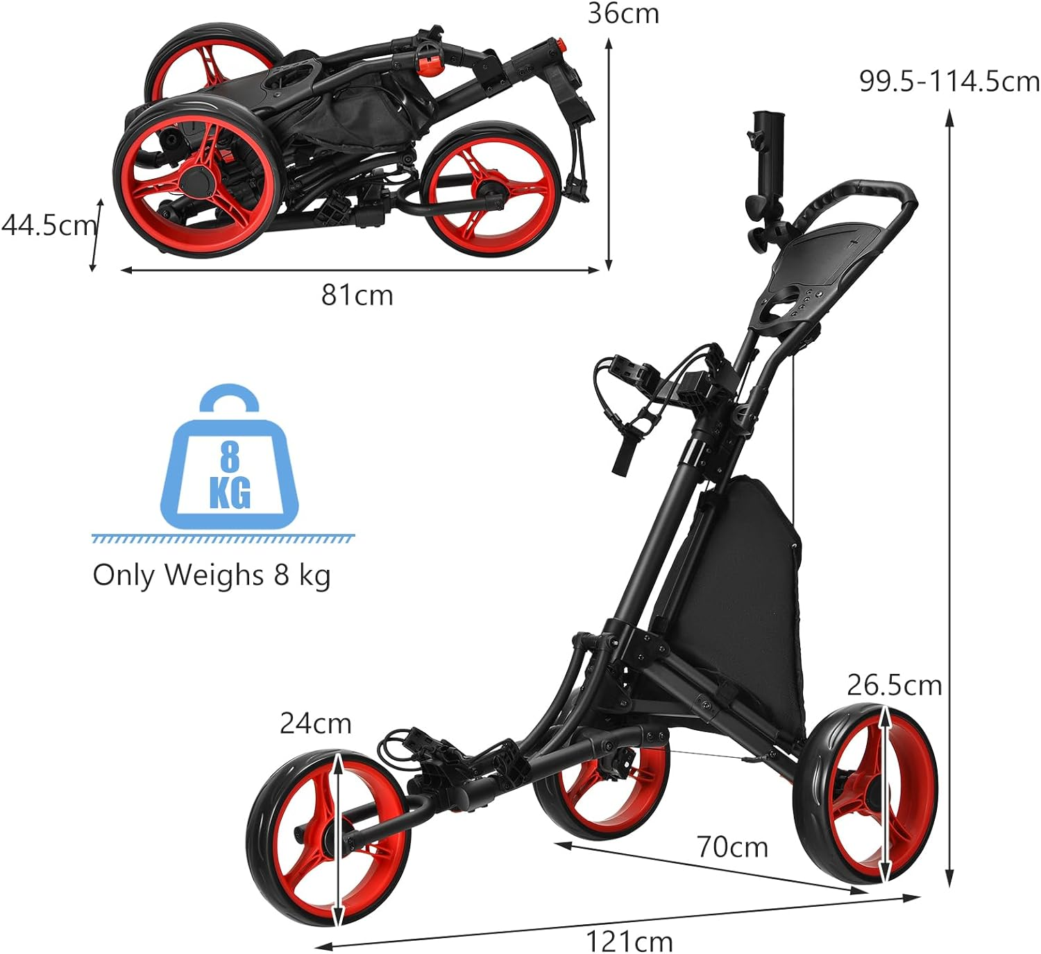 Costway 3 Wheel Golf Push Cart, Quick Folding Golf Cart, Golf Bag Holder W/Tin Foil Coated Storage Bag, Elastic Strap, Adjustable Umbrella & Cup Holder, Scoreboard Storage & Foot Brake
