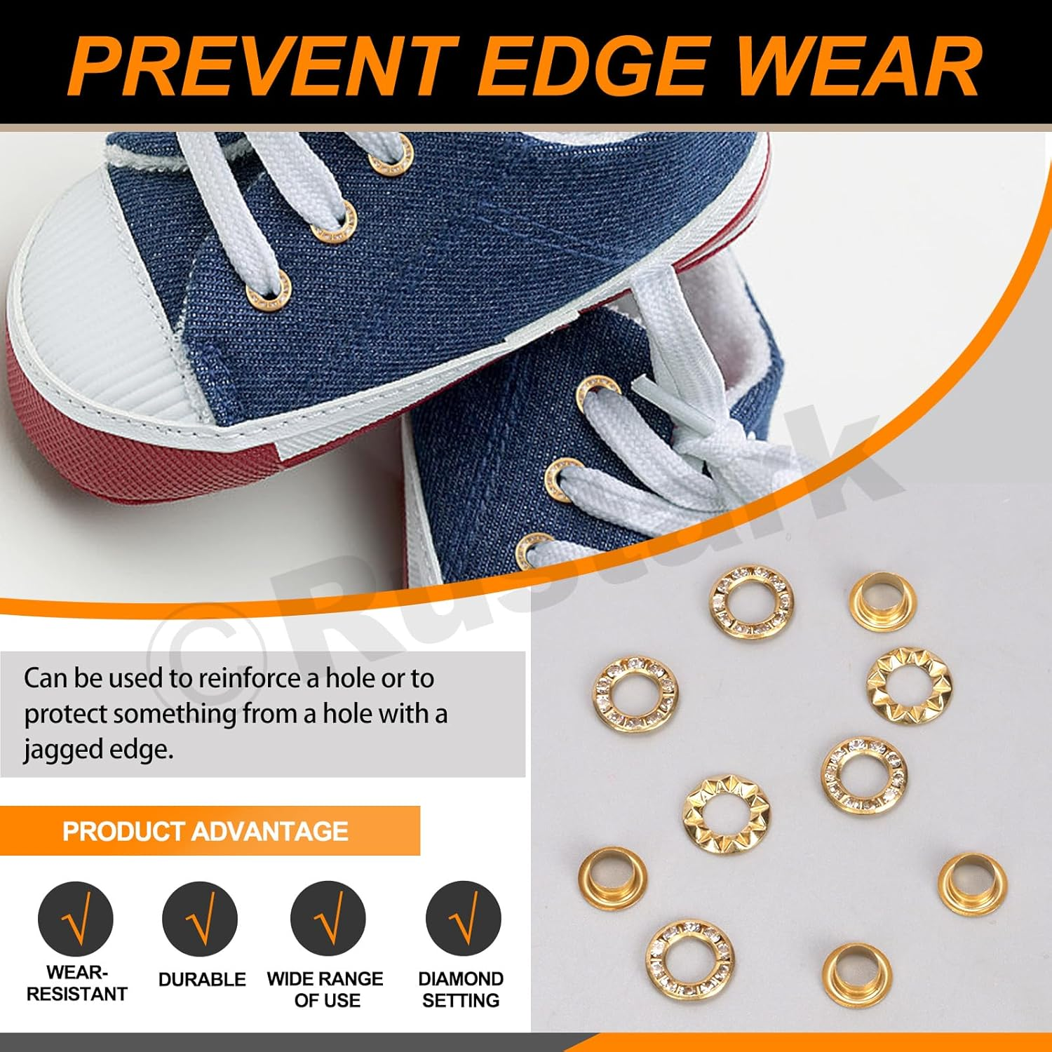 Rustark 100Pcs Gold 1/4 Inch Rhinestone Eyelet Grommet Eyelets and Grommets with Sparkling Design Metal Eyelet with Washer Hole Punch Shiny Rhinestone Boot Eyelet for Clothing Crafts DIY Projects image number 6