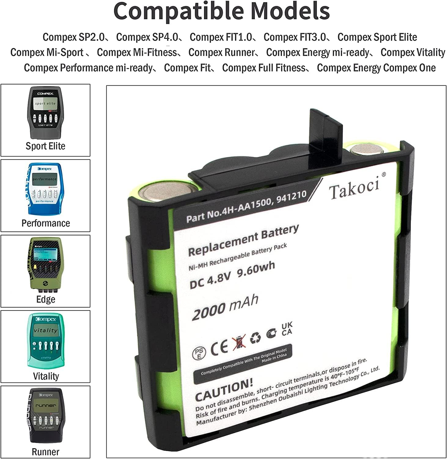 Replacement Battery Compatible with Compex SP2.0 4.0 Mi-Sport Sport Elite Enegry FIT 3.0 Mi-Ready PN 4H-AA1500 941210 4.8V/2000Mah