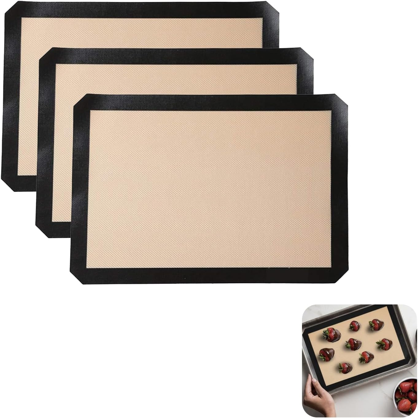 Silicone Baking Mats, Non-Stick, Food-Safe Mats for Easy Baking, Roasting, and Food Preparation, Pack of 3, Oven-Safe up to 249 Degrees Celsius, Fits Half-Sheet Size Pan