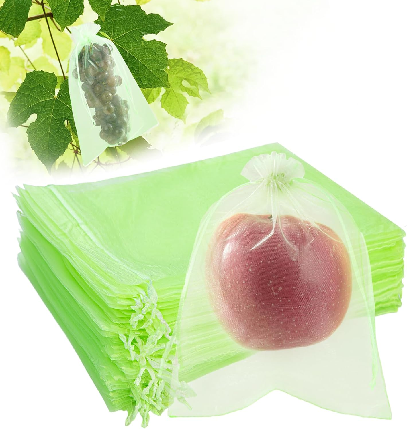 Smilelucky 100PCS Fruit Protection Bags with Drawstring, 15X20Cm Green Organza Produce Bags for Fruit Trees, Mesh Netting for Garden Protection