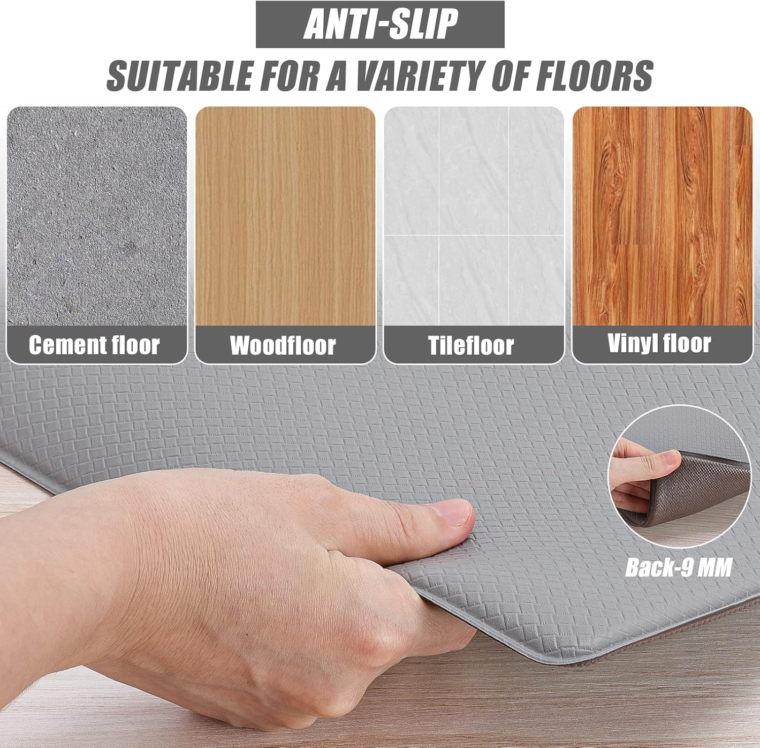 2 Pieces Cushioned Kitchen Floor Mats Non Slip (45X75Cm+45X148Cm), Waterproof Kitchen Rugs and Mats anti Fatigue for Home & Kitchen - Black - Household Edition image number 5