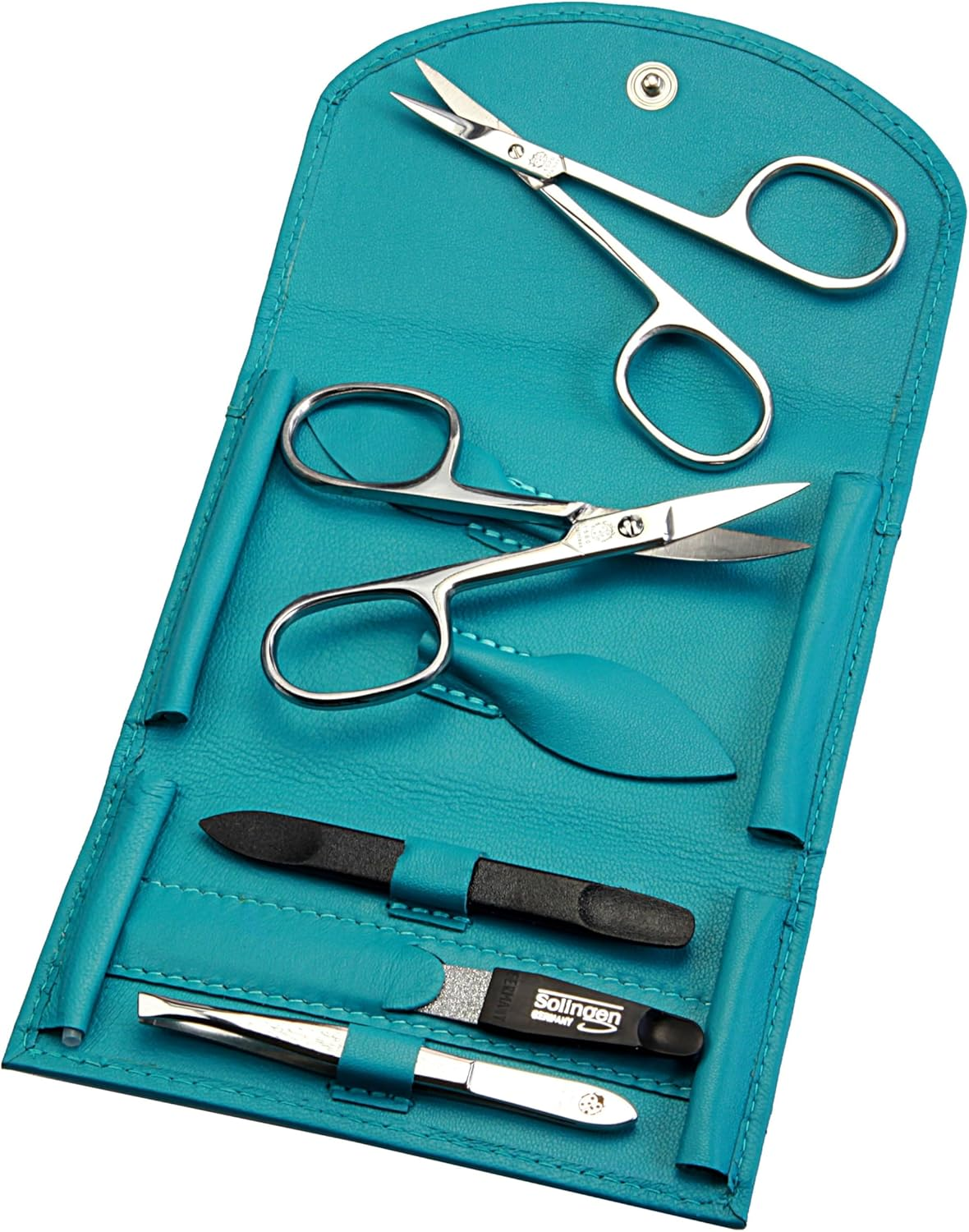 Manicure Set - 5-Piece Nail Care Set - Genuine Nappa Lambskin Leather - Nail Scissors, Cuticle Scissors, Nail File, Tweezers and Double Instrument (Turquoise)