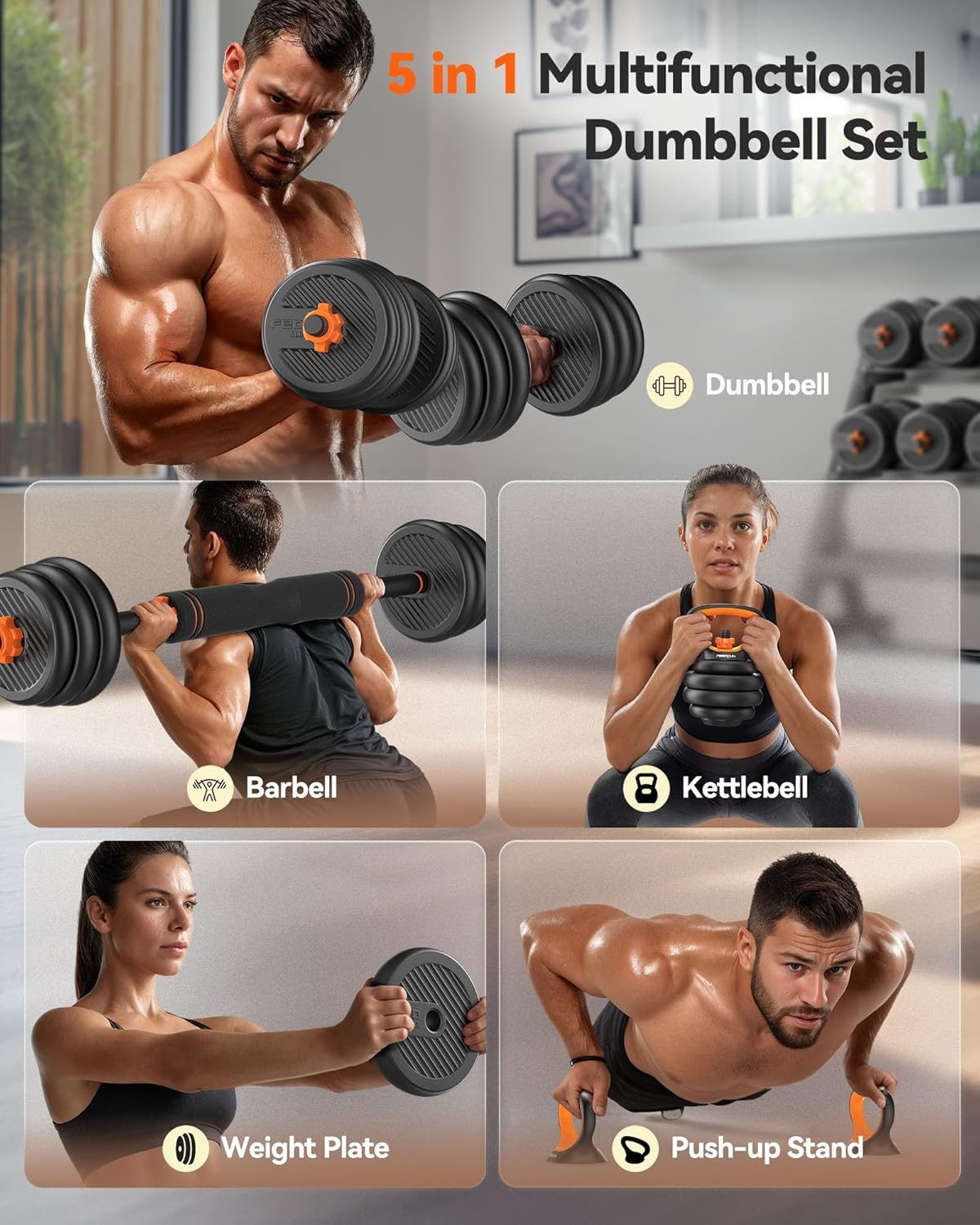 FEIERDUN Adjustable Dumbbells, 20/30/40/50/70Lbs Free Weight Set with Connector, 5 In1 Dumbbells Set Used as Barbell, Kettlebells, Push up Stand, Weight Plate, Fitness Exercises for Home Gym