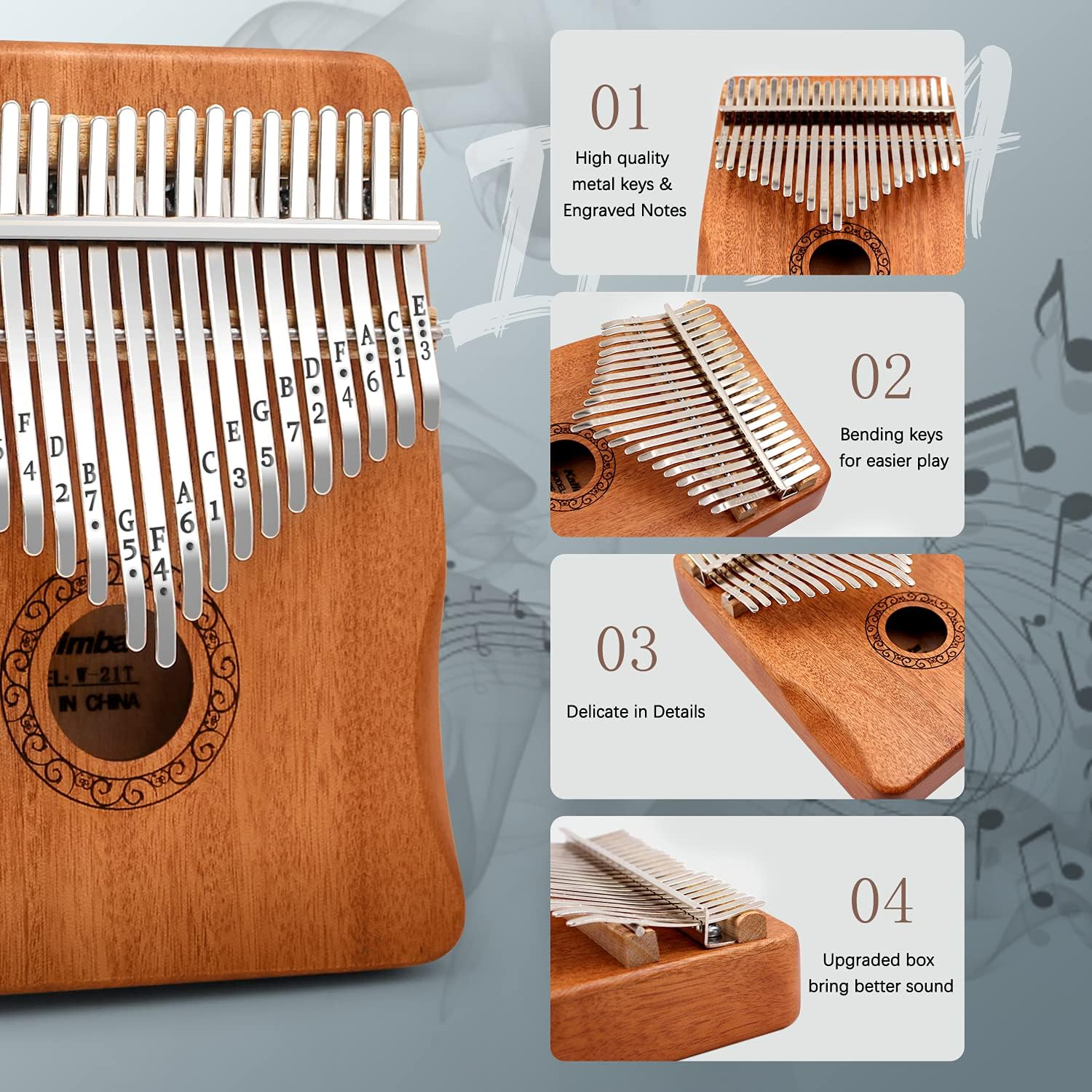 Kalimba Thumb Piano,Yundie Potable 17 Keys Mbira Finger Piano with Tune Hammer and Study Instruction,Musical Instruments Gift for Adult Beginners Professional (Brown, 21Keys) image number 3