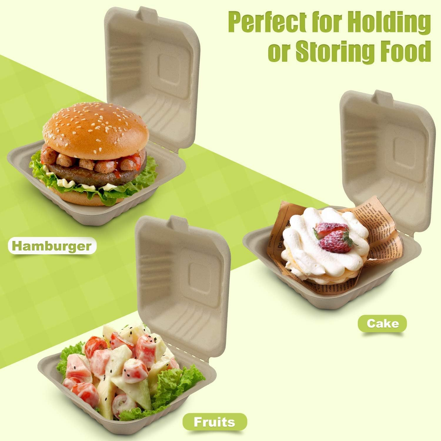 Clamshell Take Out Food Containers with Oil Paper, 6X6" 50-Pack Heavy-Duty Quality to Go Containers, Natural Disposable Bagasse, Eco-Friendly Biodegradable Made of Sugar Cane Fibers