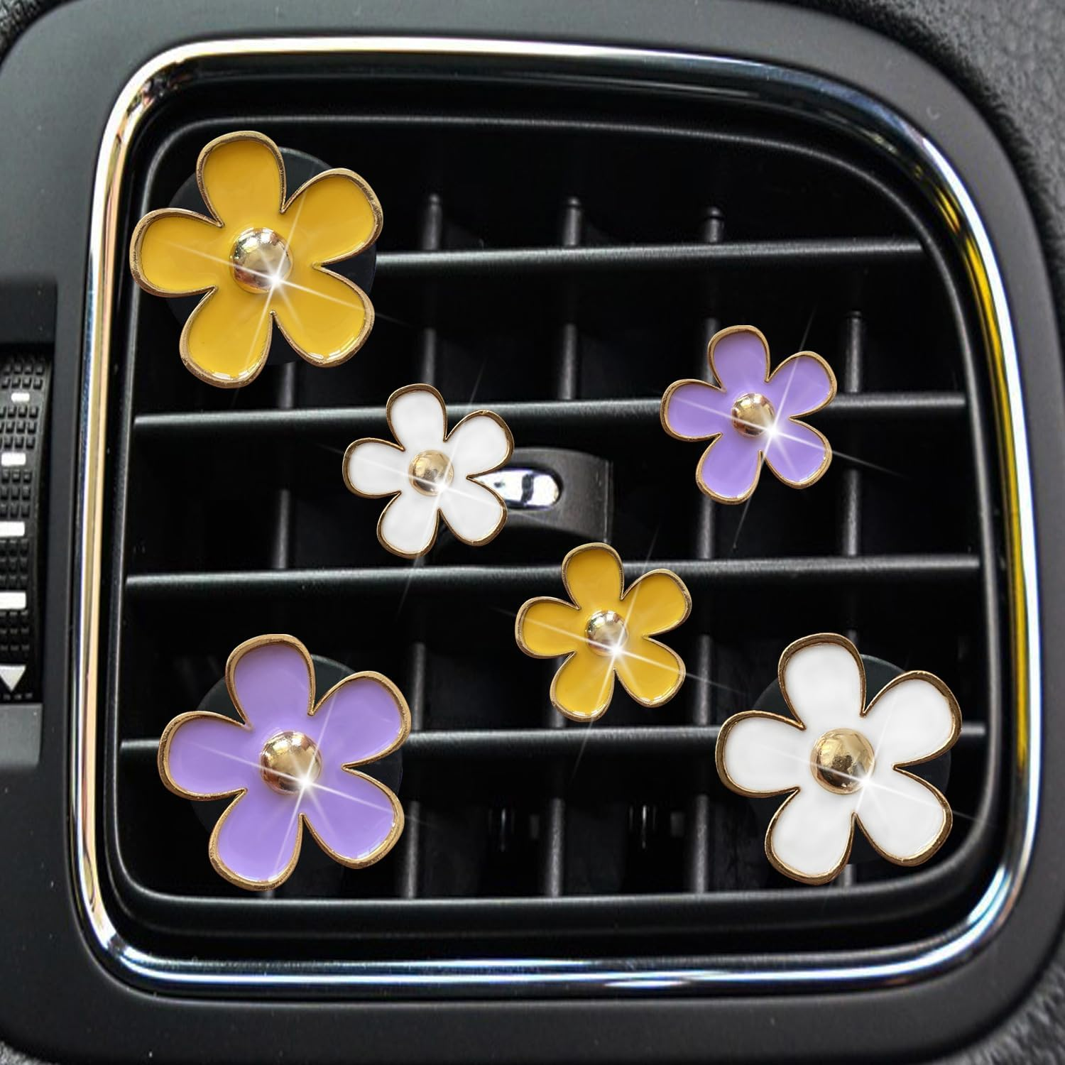 Daisy Air Vent Clips, 6 Pcs Cute Flower Car Air Conditioning Outlet Clip Car Air Freshener Clip Charm Car Interior Decor Charm Colorful Car Interior Accessories for Girls Women (Yellow Purple White)