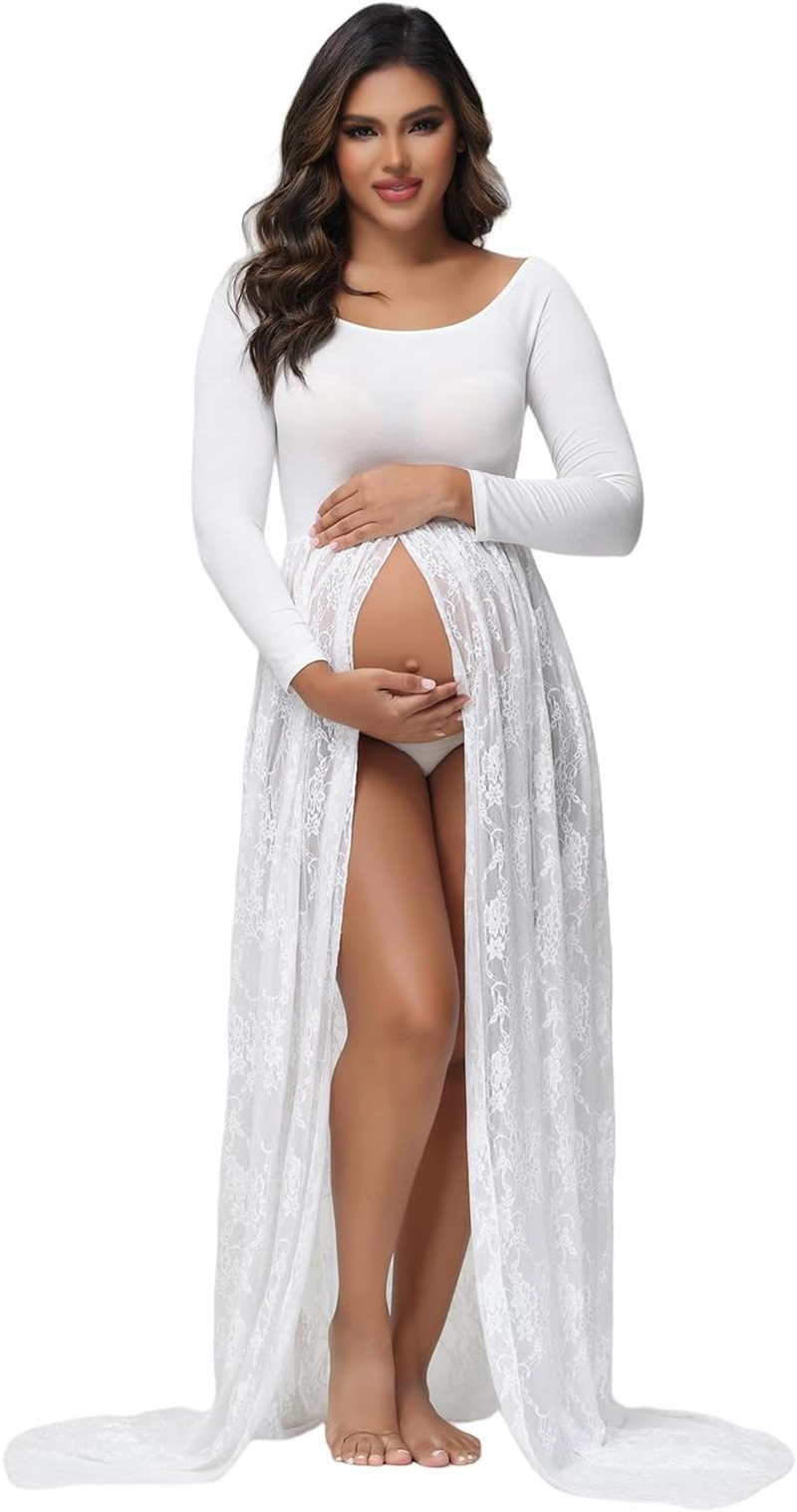 Justvh Maternity Dress for Photoshoot Chiffon off Shoulder Split Maxi Photography Gown with Flowy Long Train