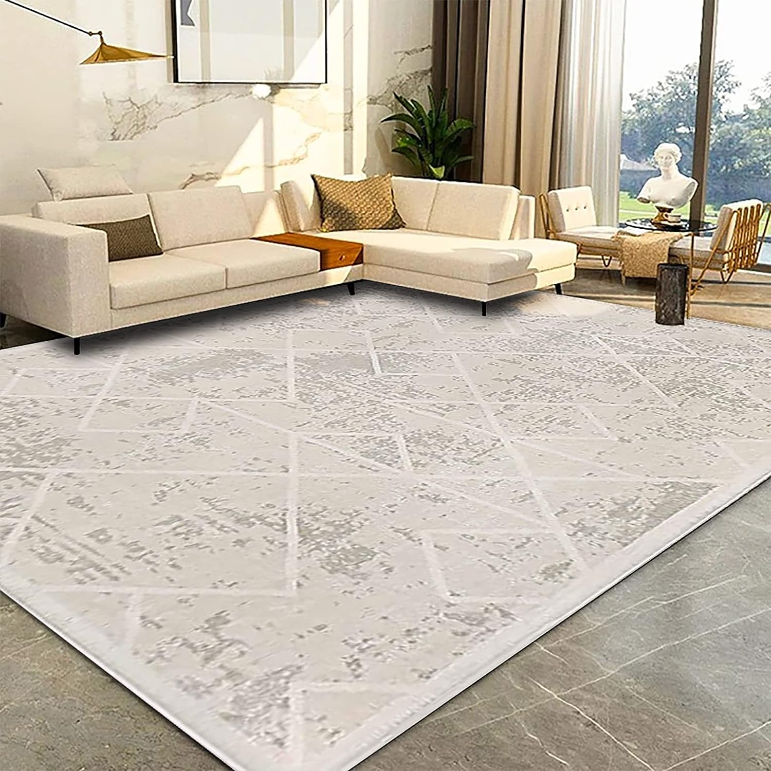 Area Rugs Moroccan Geometric Stripe Rug for Living Room Bedroom Floor Mat Washable Rug Soft Non-Slip Carpet Imitation Cashmere Indoor Rugs Home Decor (Ivory,200 X 250Cm)