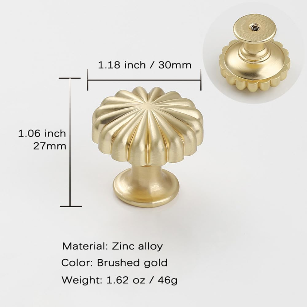 10 Pack Gold Cabinet Knobs 1.18" Brushed Gold Drawer Knobs Zinc Alloy Single Hole Pulls for Dresser 30Mm Flower Cupboard Handles for Kitchen Wardrobe Bathroom Hardware image number 1