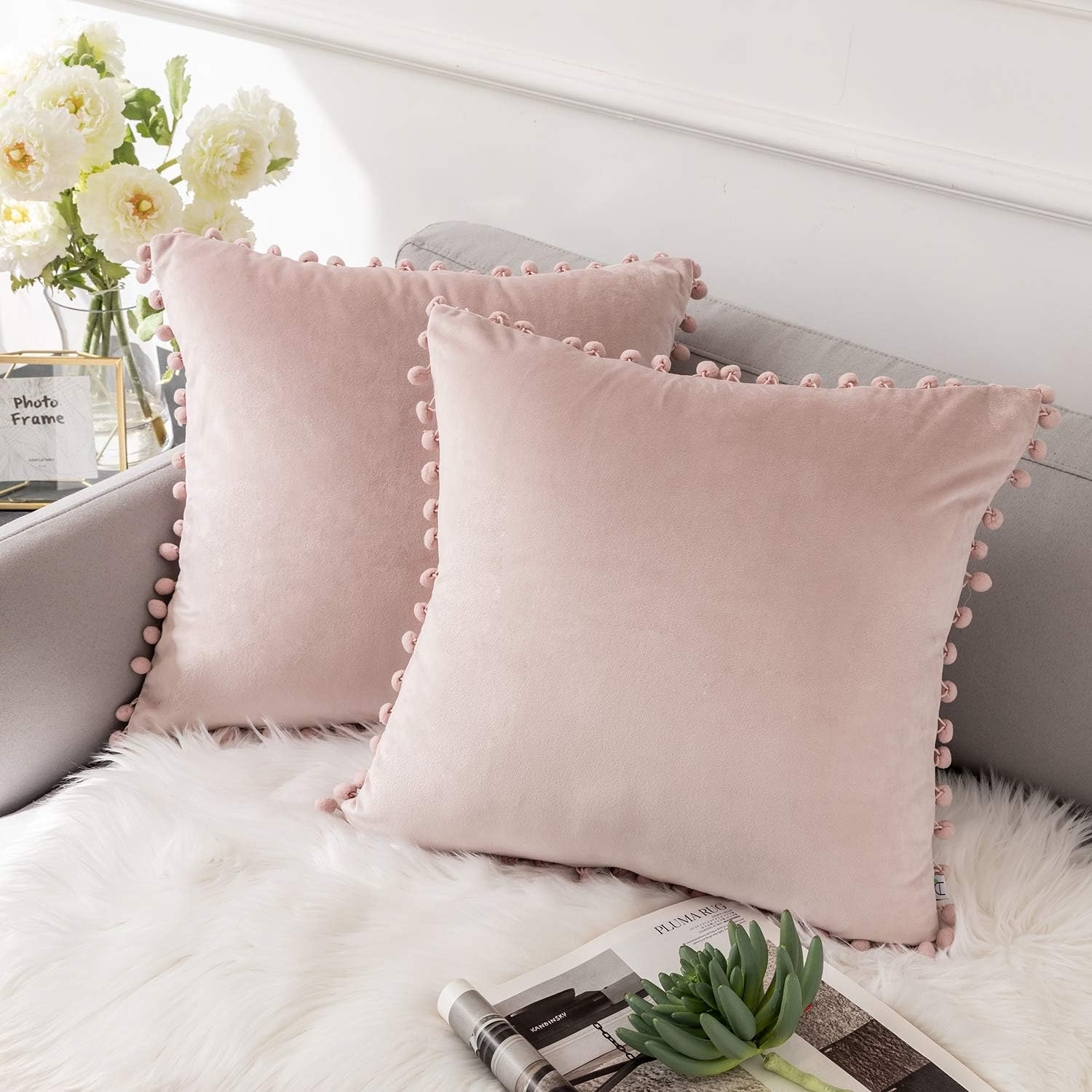 Ashler Decorative Plush Velvet Solid Square Throw Pillow Covers with Small round Velvet Particles 18 X 18 Inch 45 X 45 Cm, Made of Polyester, Pink, 18 X 18 Inch