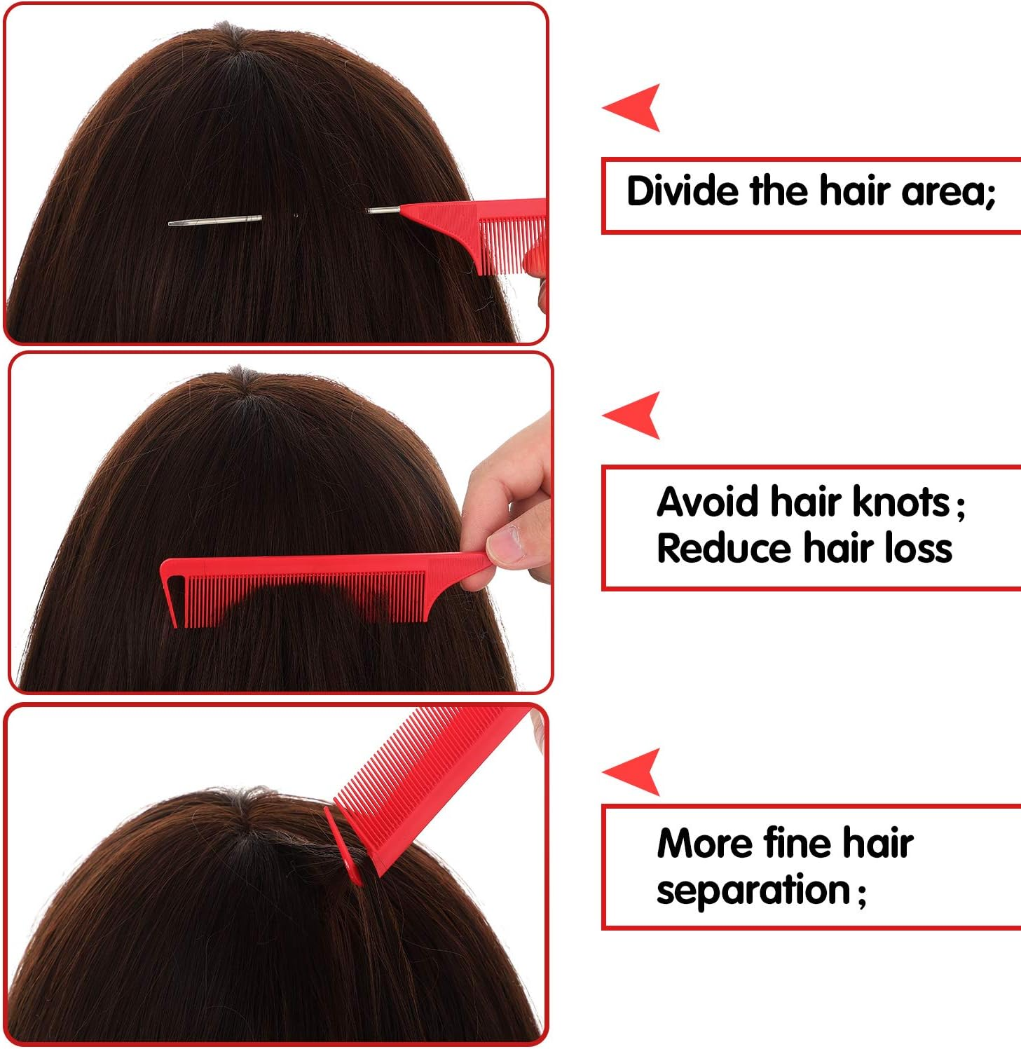 30 Pieces Parting Comb for Braids Hair Rat Tail Comb Steel Pin Rat Tail Carbon Fiber Heat Resistant Teasing Combs with Stainless Steel Pintail (Red) image number 1