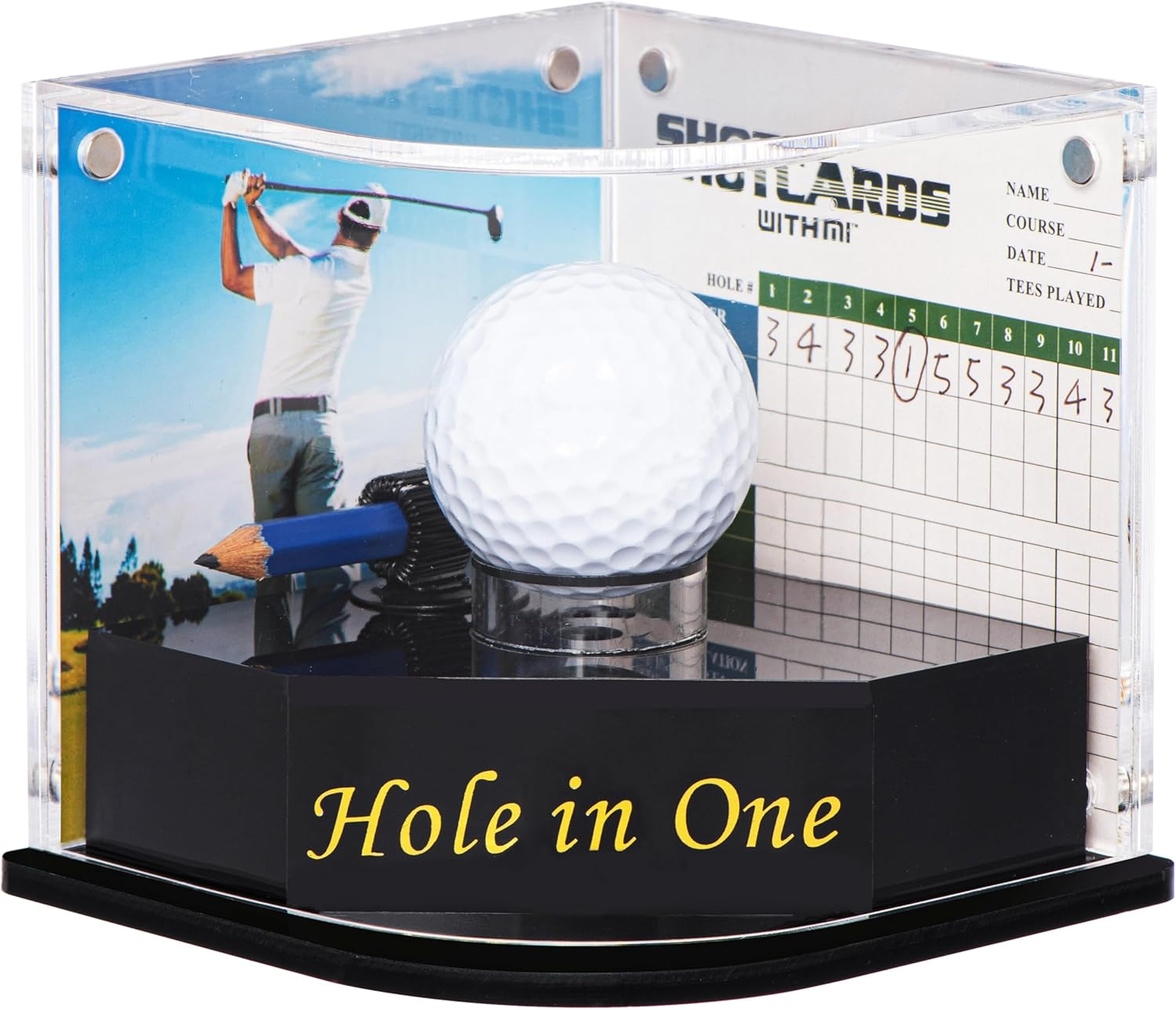 Hole-In-One Golf Ball Display Case W/ 2X Background Frames & Pencil Holder|3-In-1 Golf Ball Holder & Memorabilia Storage Box|Adhesives Included image number 6