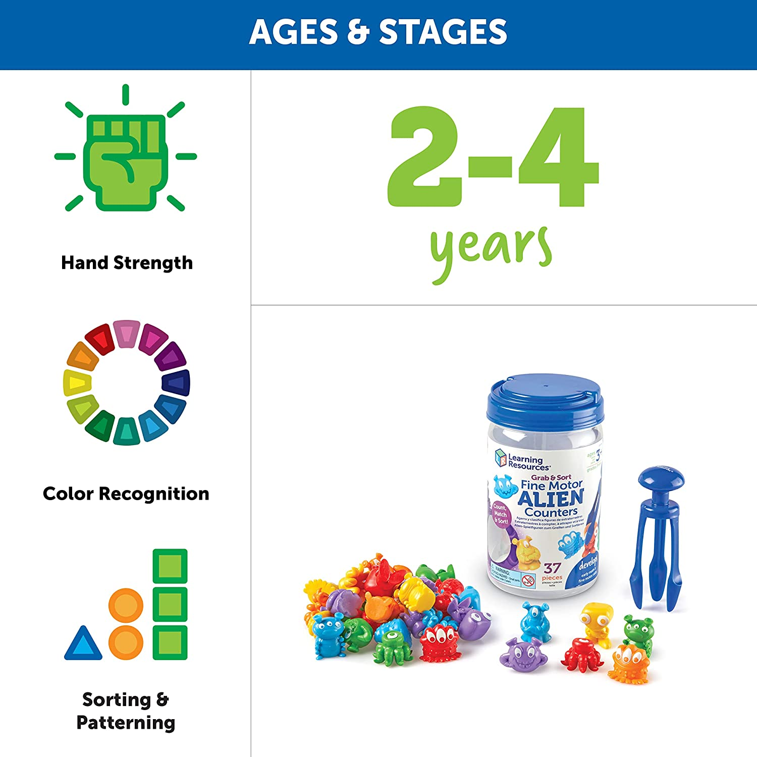Learning Resources Grab & Sort Fine Motor Alien Counters, STEM Toys for Kids, Space D&eacute;cor, Preschool Fine Motor Skills, Prek Manipulatives, 37 Pieces, Age 3+, Multicolor image number 1