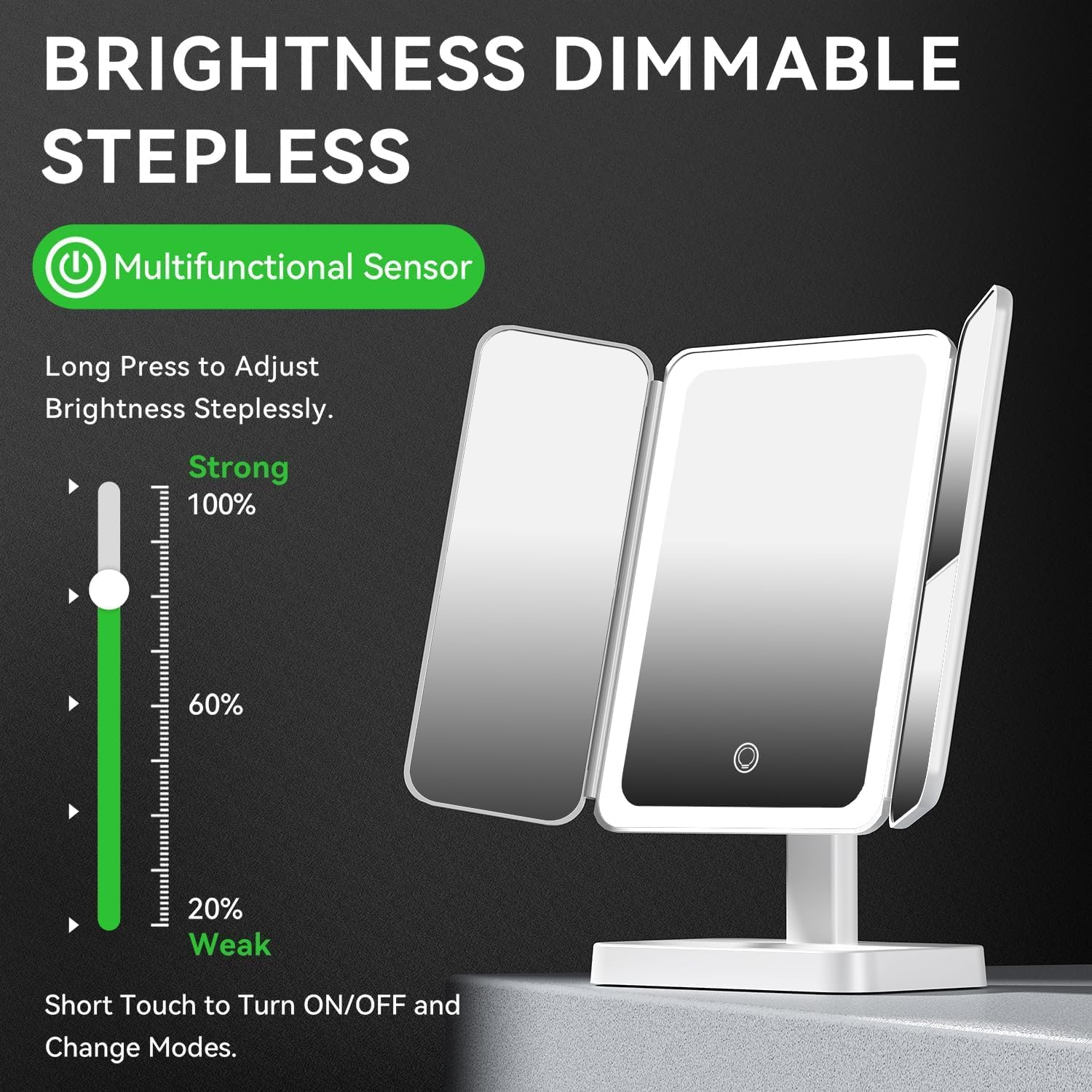 Vanity Makeup Mirror with 52 LED Lights, 3X/2X/1X Rechargeable Magnifying Mirror, Touch Screen Stepless Dimmable Color Adjustable Trifold Mirrors, 90&deg; Rotation Portable Cosmetic Vanity Mirrors image number 6