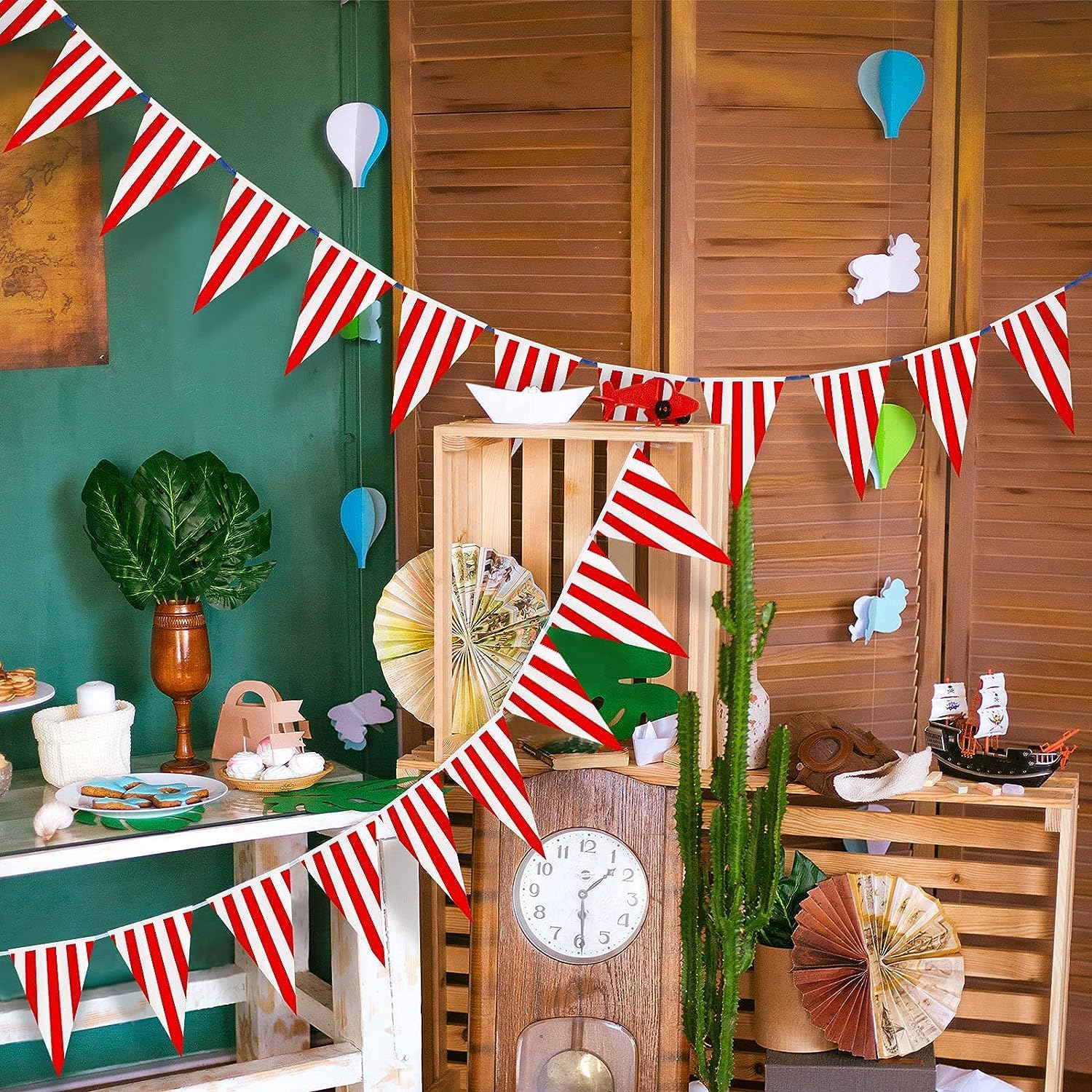 Red and White Pennant Banner Flags,100Ft 48 Pcs Large Bunting String Triangle Flags,Red White Striped Pennant Banner Flags Triangle Bunting Flags,Triangular Flag Banner Flag Pennant Banner Flags image number 4