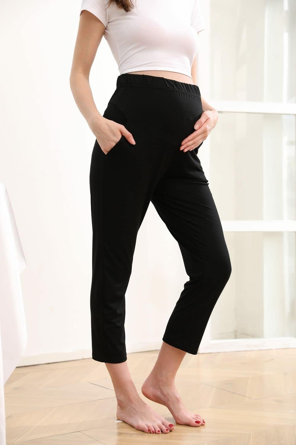 Maternity Lounge Pants Pregnancy Trousers over the Belly Stretchy Activewear, Maternity Clothes Sweatpants with Pockets image number 5