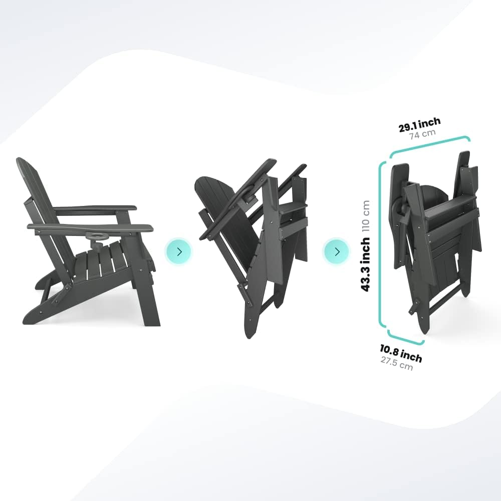 Sleek Space Adirondack Folding Chair for Garden, Patio or Deck - Arm Rests and Cup Holder - Lightweight, Weatherproof - Stylish, Durable Outdoor Furniture for Fire Pit, Beach, Poolside, Porch (Grey) - Black image number 6