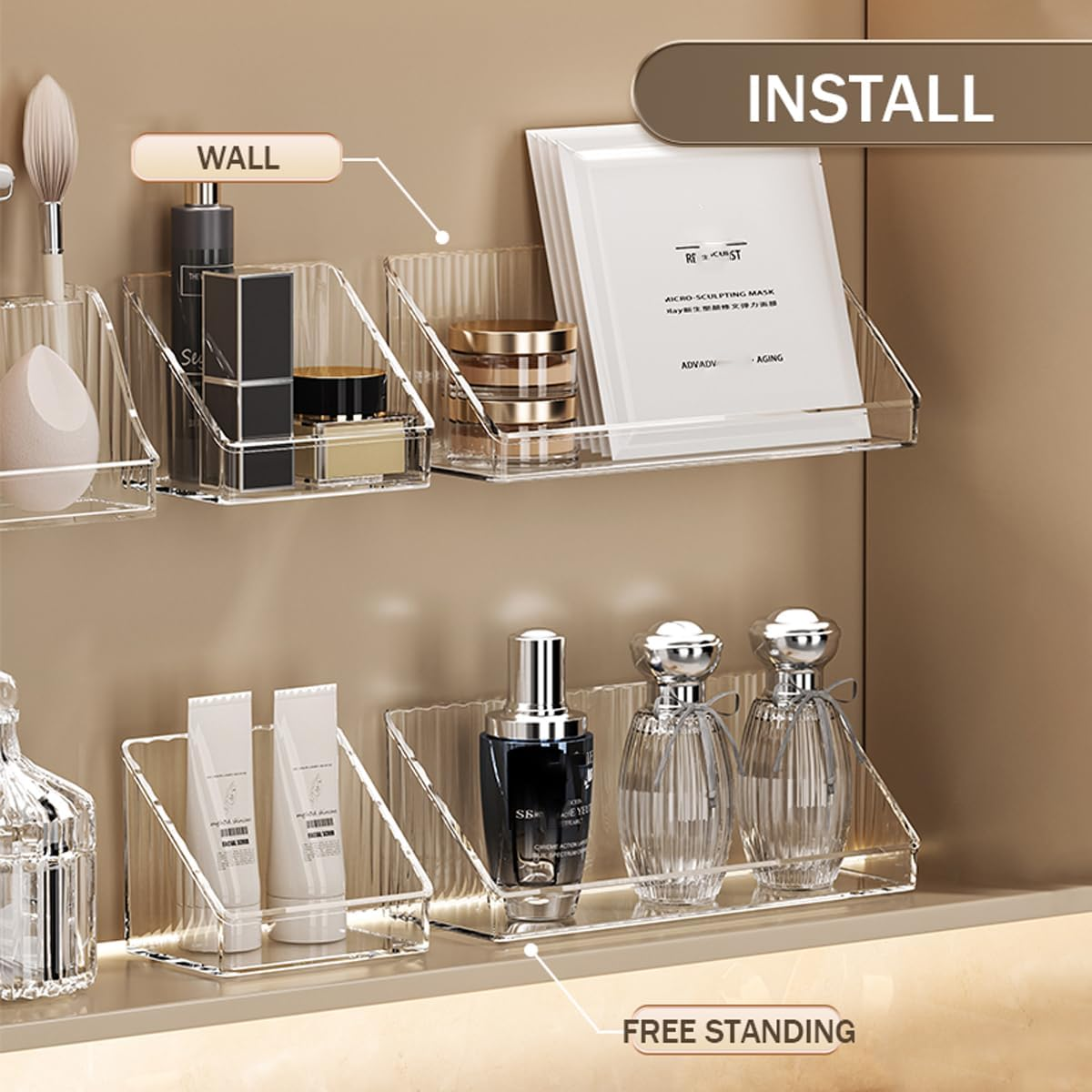 MORNITE 3 Pcs Medicine Cabinet Tray Organizer, Small Adhesive Bathroom Vanity Floating Shelves Storage for Toilet, Mirror Cabinet, Wall, Countertop, Clear image number 4