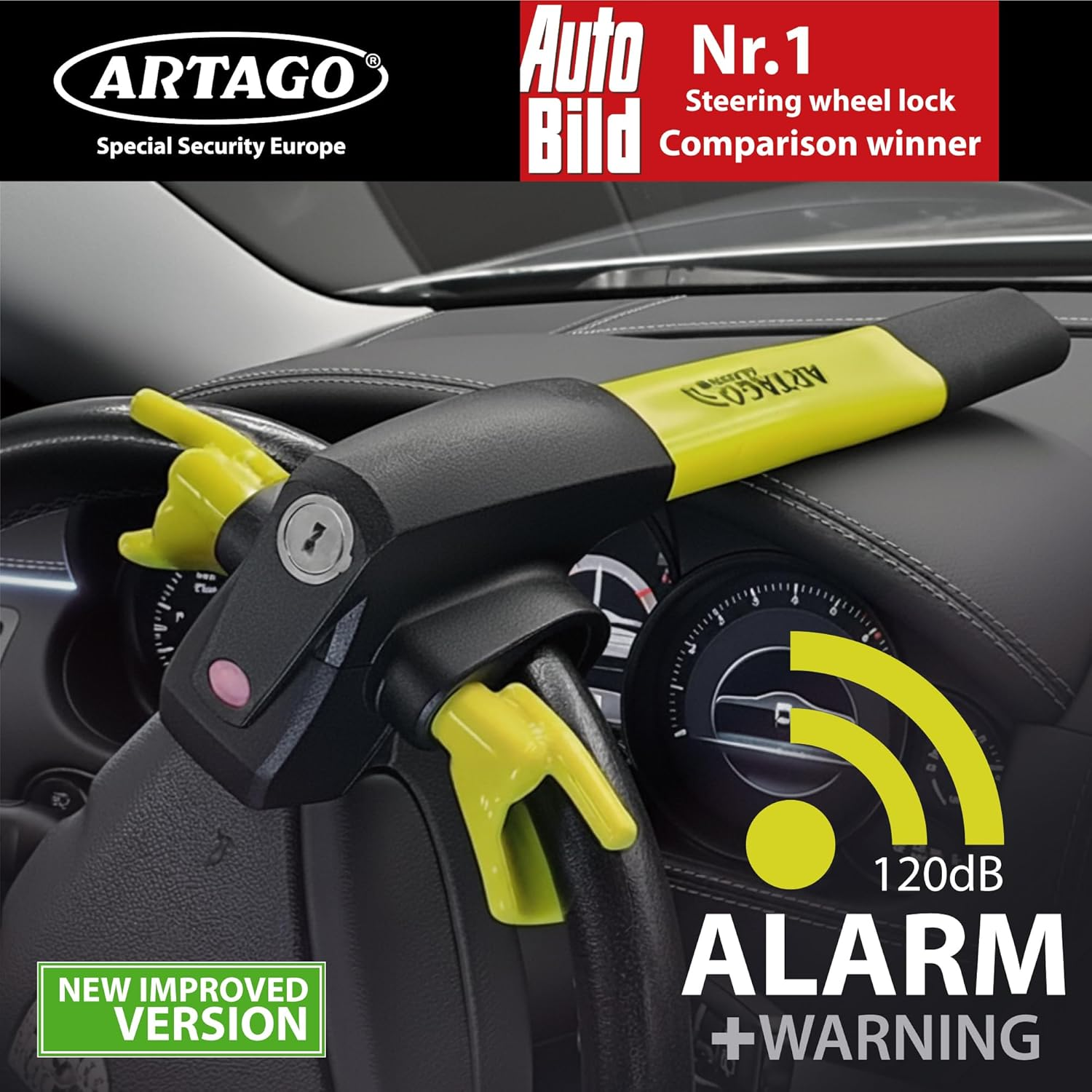 ARTAGO 870 High-End Steering Wheel Lock 2In1 without or with 120Db Alarm + Don'T Touch Warning, Visible and Deterrent High Security, Universal anti Theft Bar Locking Device for Car, Truck, Van, Camper
