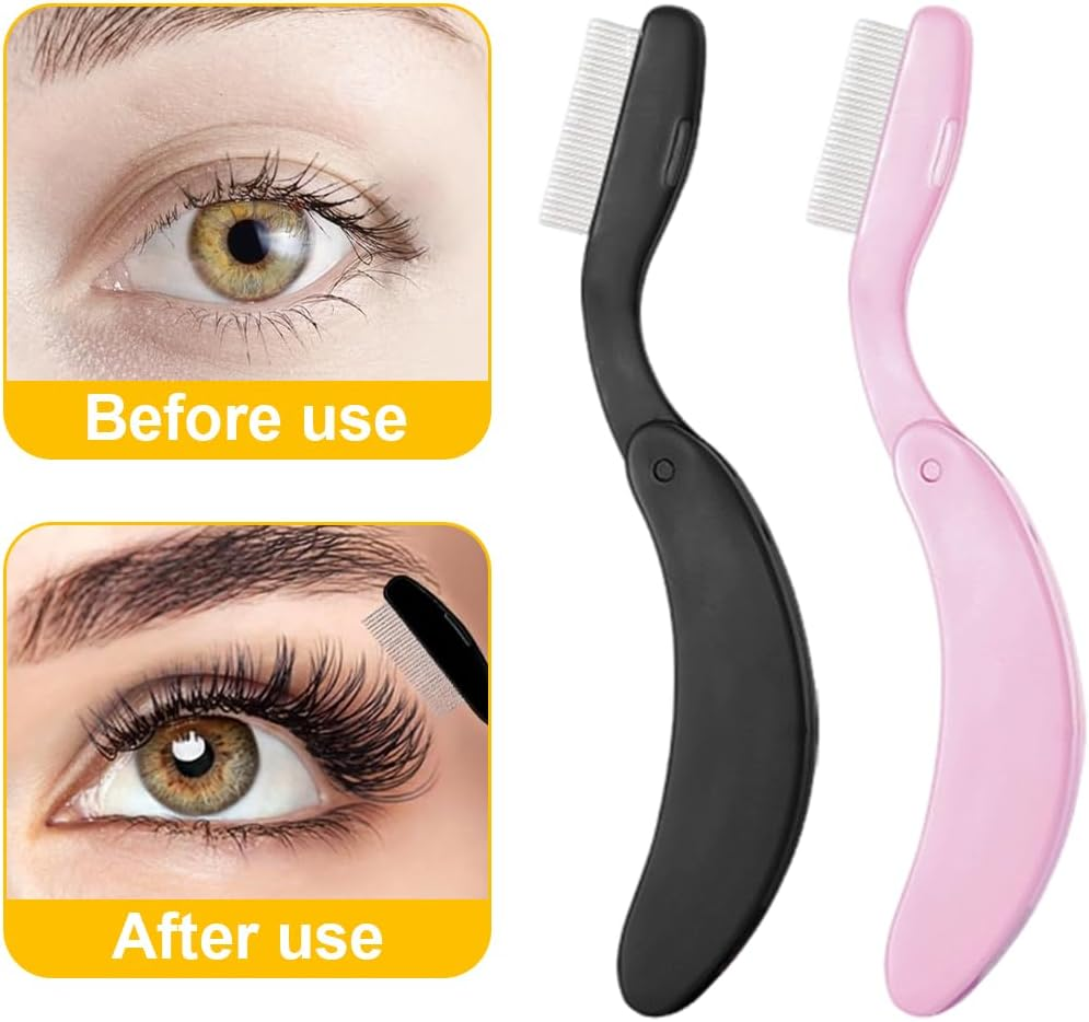 OUDQFCJ Folding Eyelash Comb, Pack of 2 Eyelash Combs, Stainless Steel Eyelash Separator, Foldable Eyelash Separator, Eyebrow Brush for Eyelash Styling, Travel, Family, Pink + Black