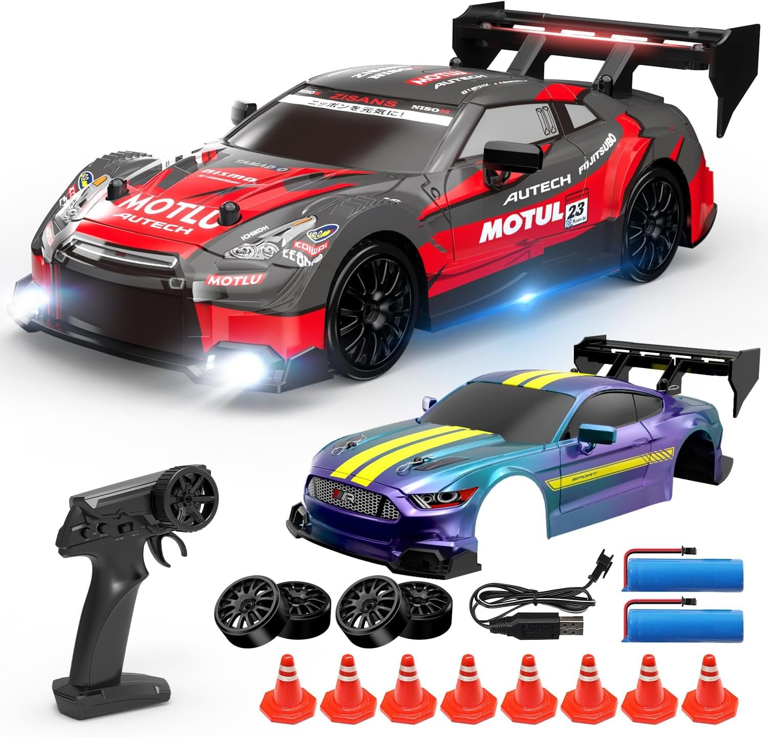 DEERC RC Drift Car, 4WD 2.4Ghz Remote Control Car for Kids W/LED Lights, Car Shell, 2 Rechargeable Batteries, 40Mins Playtime, Racing & Drift Wheels, 8 Traffic Cones, Toy Cars for Boys Girls image number 1
