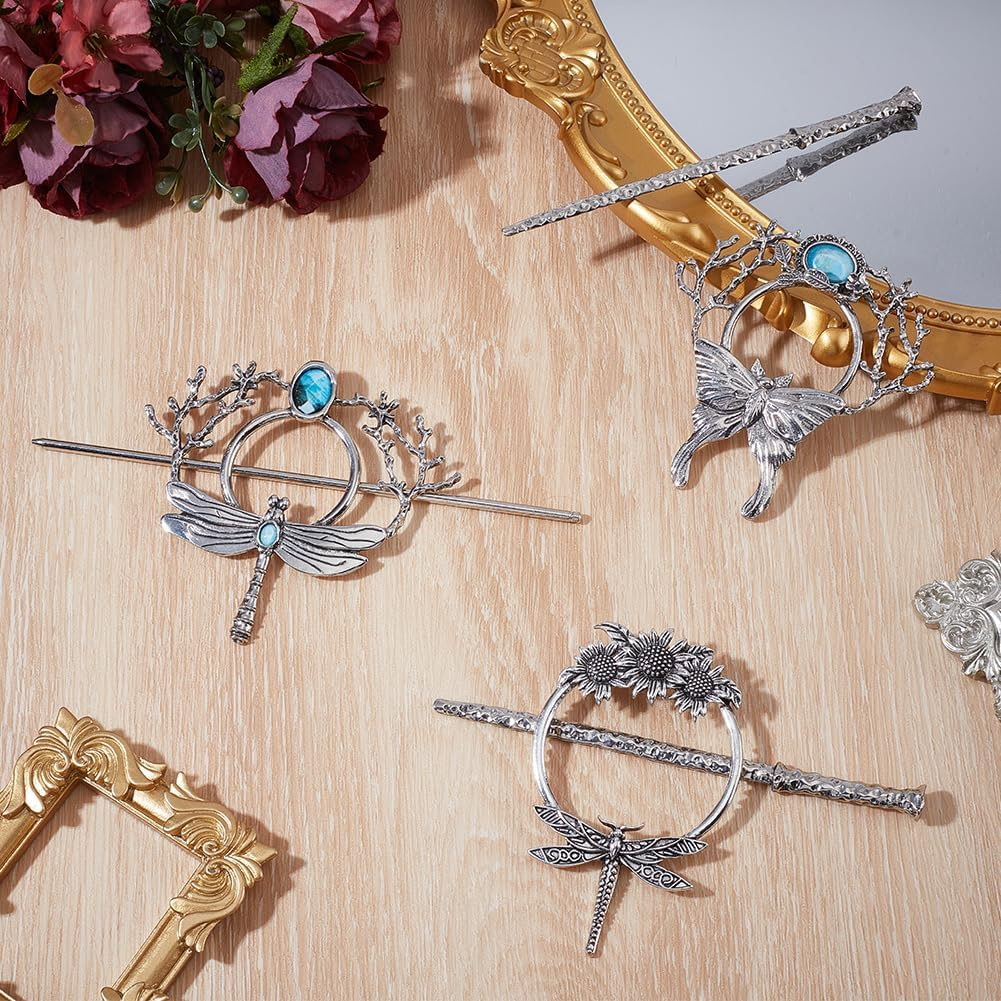 WEBEEDY 3 Styles Vintage Silver Hairpin Dragonfly Butterfly Sunflower Moon Hair Pins round Alloy Hairpin Viking Retro Barrettes for Women Long Hair Accessories,Valentine'S Day Gifts,8.7Cm image number 1