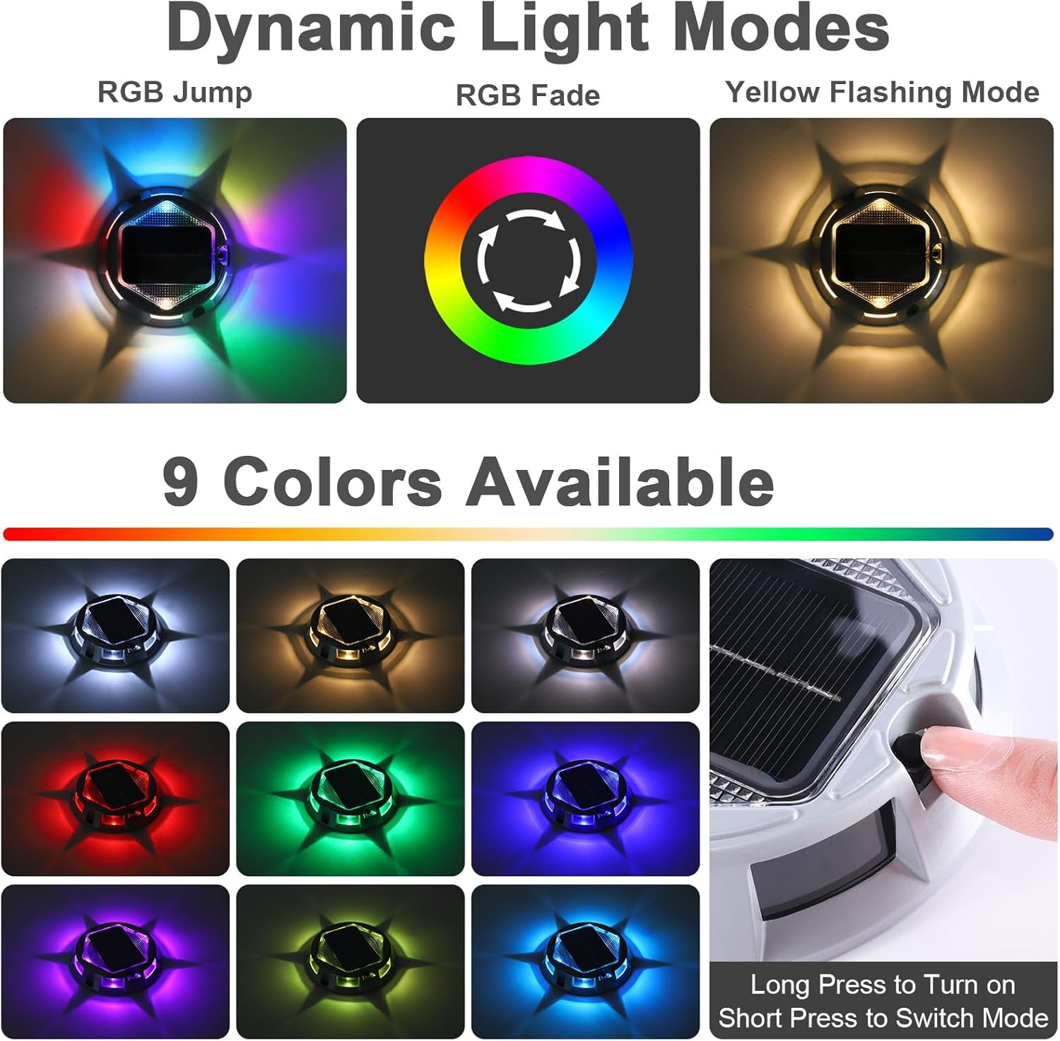 Roshin 4 Pack Solar Driveway Lights Outdoor, RGB 9 Colors 3 Dynamic Modes Solar Deck Lights, IP67 Waterproof Warning Step Lights for Sidewalk Walkway Pathway Dock Lawn Garden Decor image number 2