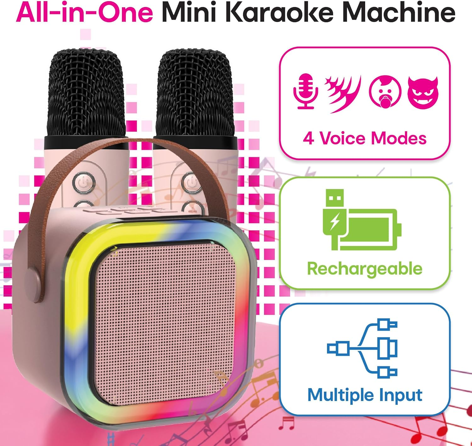 Laser Pink Karaoke Machine with 2 Wireless Microphones, LED Light Show, 4 Voice Effects, Bluetooth Speaker, MP3 Player, Rechargeable Battery &ndash; Great for Kids, Adults, Parties & Events image number 5
