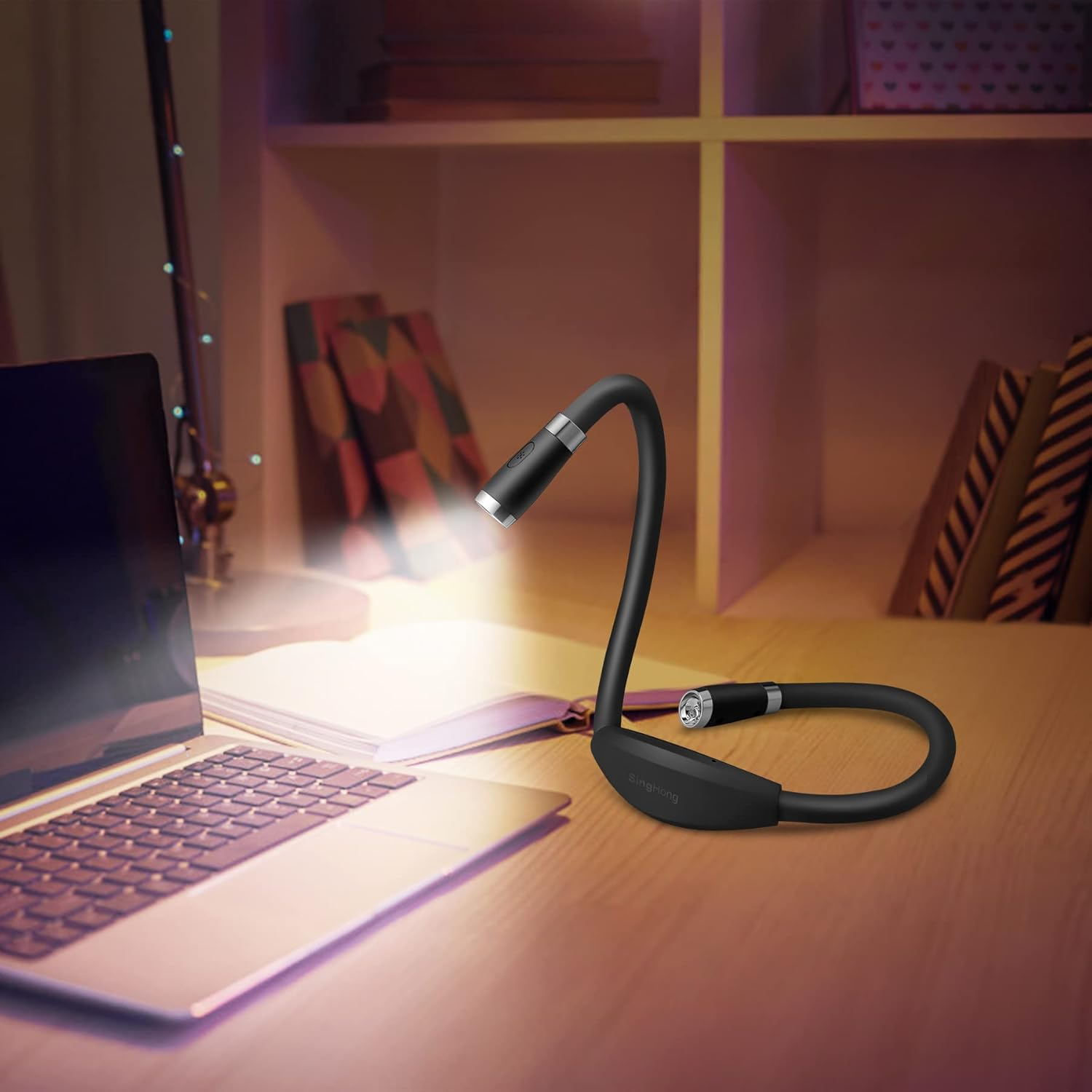 Singhong Neck Book Light LED Reading Lamp - USB Rechargeable, Hands Free, 4 LED Bulbs, 4 Adjustable Brightness, for Bed or Car (Black) - Blue image number 7