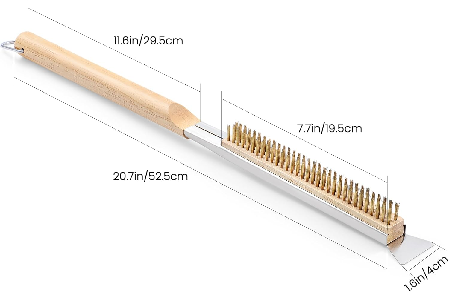 21'' Pizza Oven Brush with Stainless Steel Stone Scraper - Brass Bristles - Wood Handle - Hanging Ring - Outdoor Pizza Oven Accessories - Compatible with Ooni, Gozney, Blackstone, Solo Stove Ovens image number 1