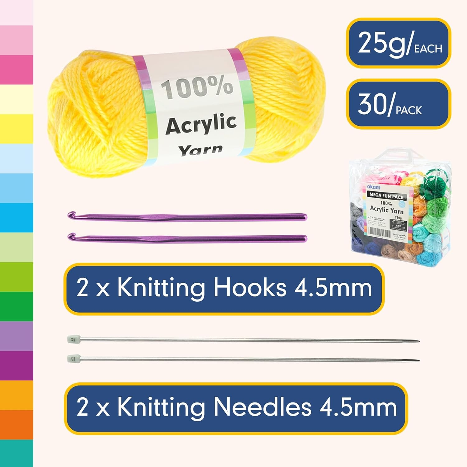 Okam Crochet Yarn Pack of 30 Multipack - 100% Acrylic Coloured Yarn with Crochet Hooks & Knitting Needles & Zipper Carry Bag - Knitting Yarn Kit for Beginners. Kids, Craft Projects 25G Each (750G) image number 2
