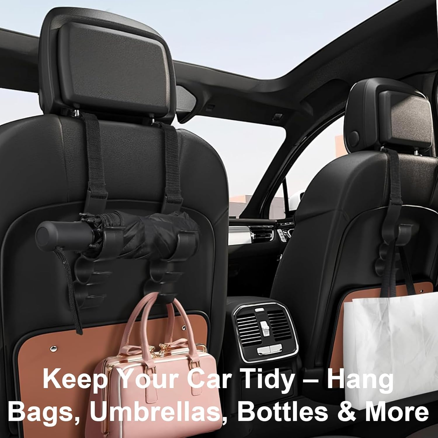 MAEZOE 2PCS Car Headrest Hooks, Space-Saving Backseat Hanger for Bags, Umbrellas & Coats, Easy Install, Durable, Universal for Drivers & Families image number 1
