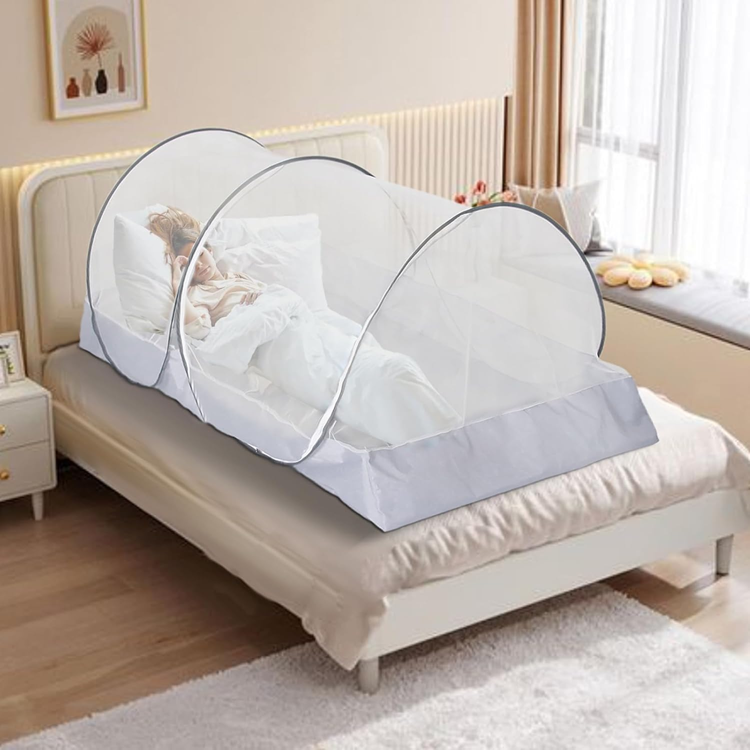 CMINGJ Portable Mosquito Net Foldable Pop-Up Travel Mosquito Net for Bed Free Installation-Suitable for Baby Adults Bedroom, Camping, Nap, Patio (Large-Side Zipper(White Net))