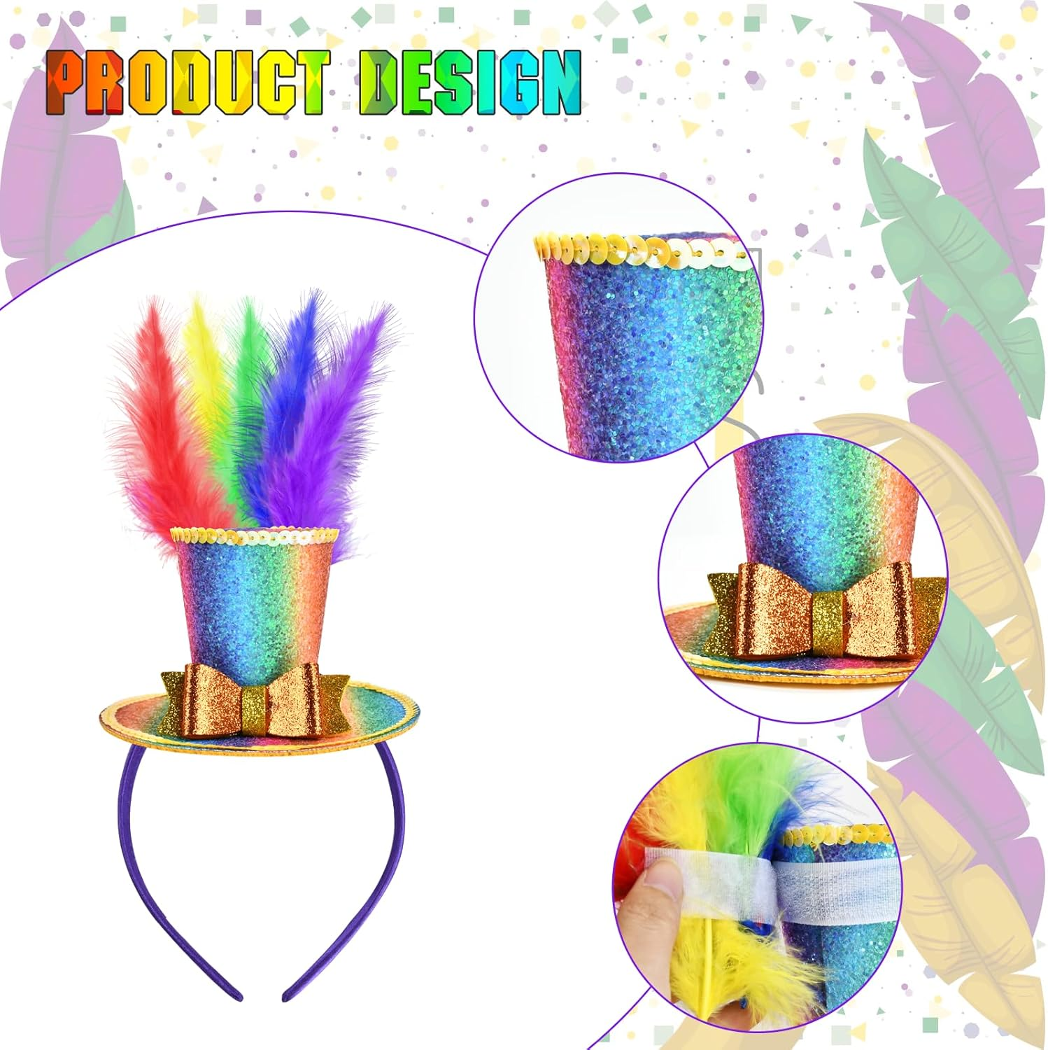 Colourful Feather Headband, 2 Pieces Rainbow Feather, Headwear, Rainbow Feather Headband, Rainbow Headband, Feather Headpiece, Hair Accessories Women, for Easter Wedding, Carnival, Party, Cosplay image number 3