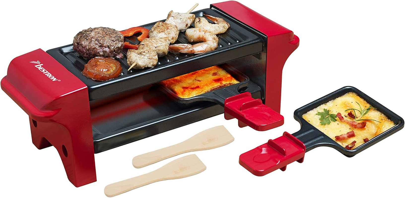 Bestron Raclette, Mini Grill for 1 to 2 People, with 2 Pans and 2 Spatulas, with Non-Stick Coating, 350 Watts, Colour: Grey
