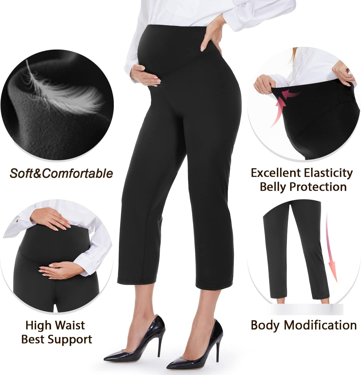 Hi Clasmix 7/8 Maternity Work Pants Comfy Loose Stretch Over-Bump-Casual Workout Pregnancy Capri Yoga Pants(Black,Medium) image number 2
