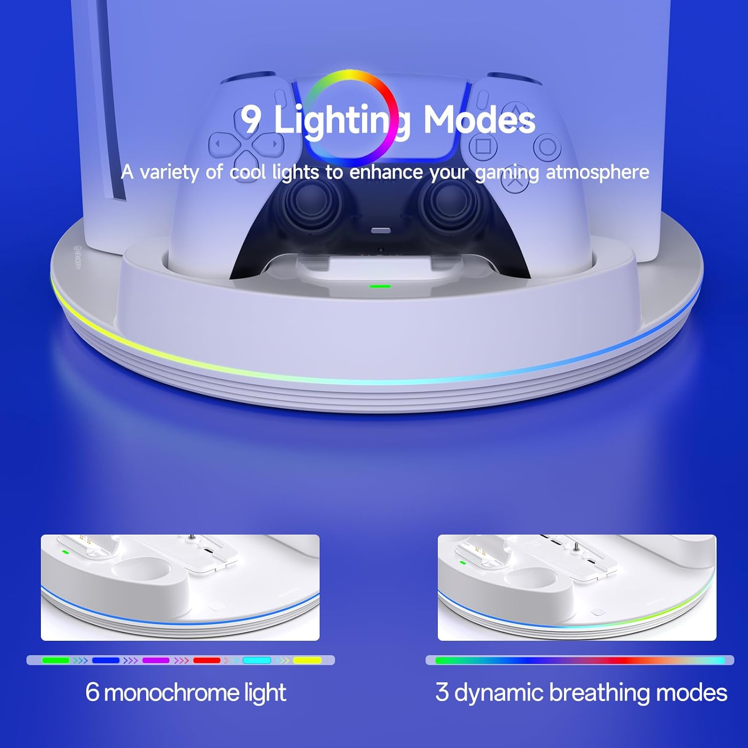 NEWDERY for P 5/Slim/Pro Console Stand, with Dual Charging Station for P 5 Controllers, Adjustable RGB Light, for Playstation 5 Controller Charger Stand - White image number 1