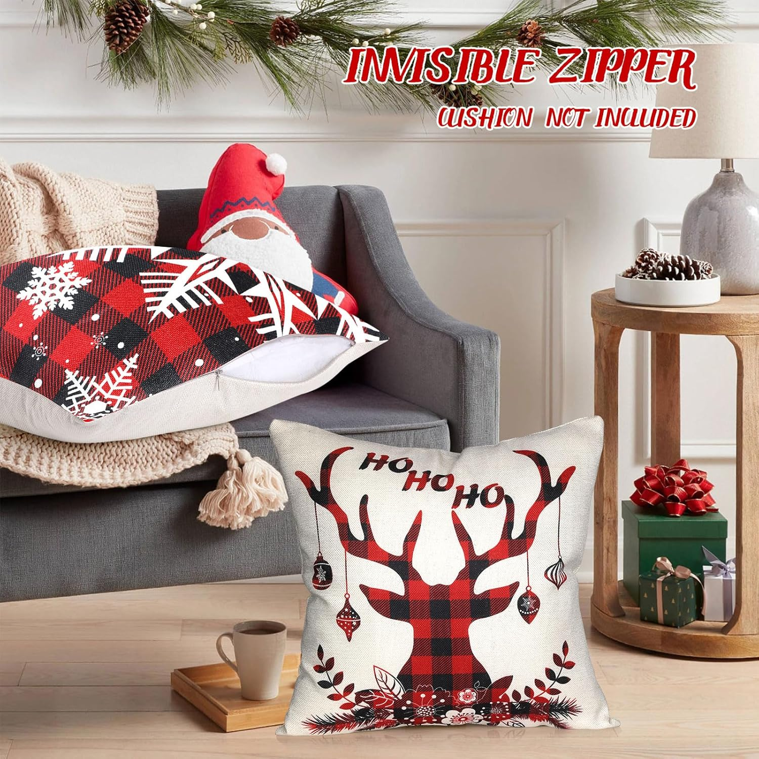 Bighan Christmas Pillow Covers, 18 X 18 Inch Throw Pillow Case Cushion Cover Linen Christmas Decorations, Red Plaid image number 3