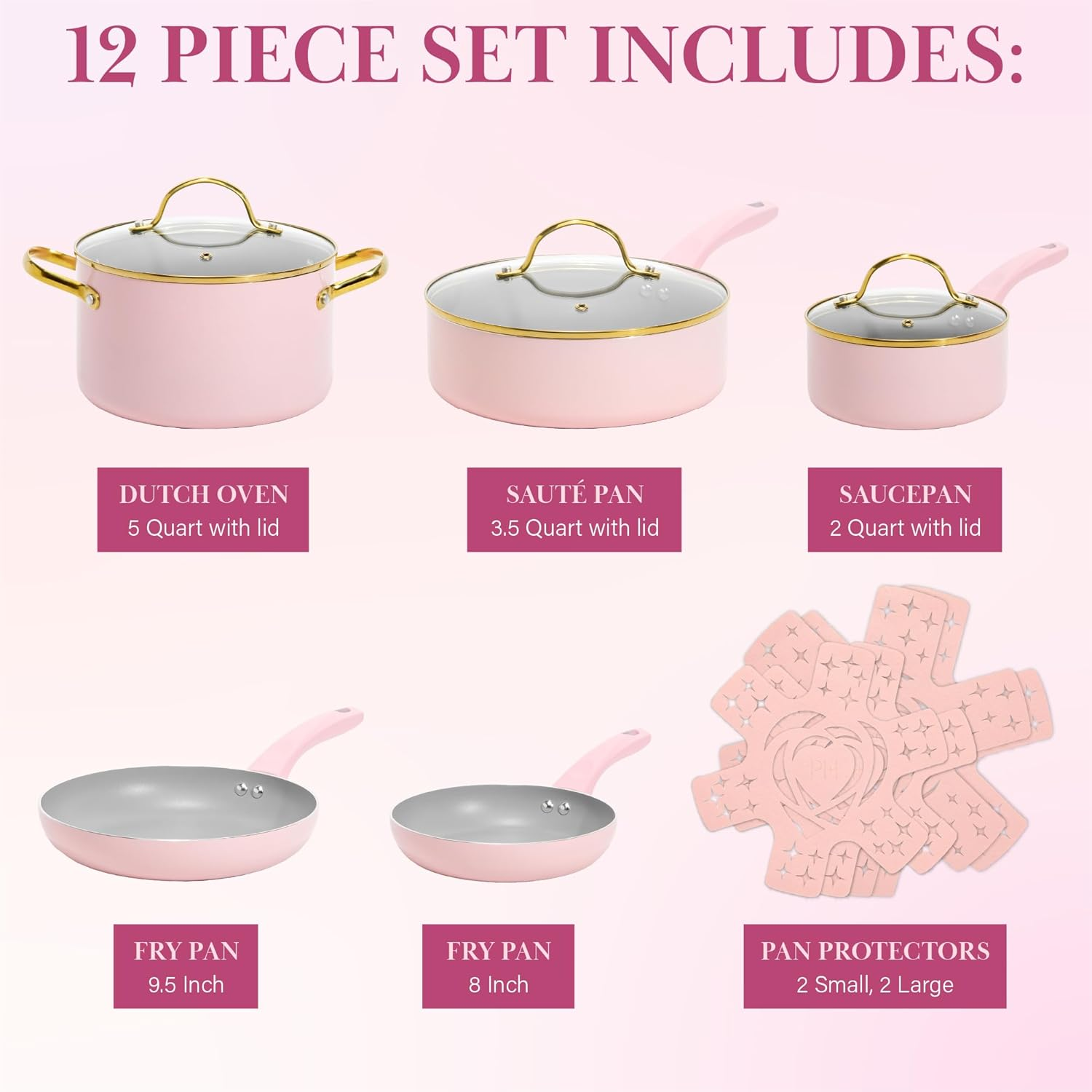 Paris Hilton Epic Nonstick Pots and Pans Set, Multi-Layer Nonstick Coating, Tempered Glass Lids, Soft Touch, Stay Cool Handles, Made without PFOA, Dishwasher Safe Cookware Set, 12-Piece, Pink image number 1
