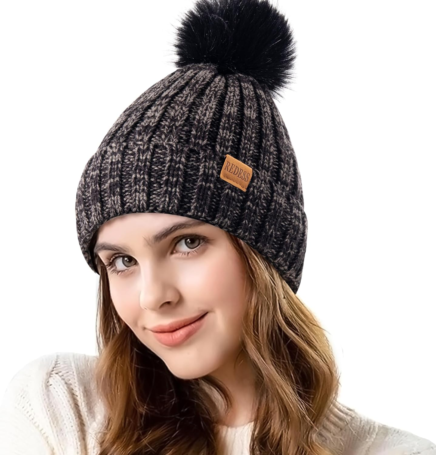 REDESS Womens Winter Knitted Beanie Hat Warm Fleece Lined with Pompom Cap Thick Slouchy Snow Knit Skull Ski Cap