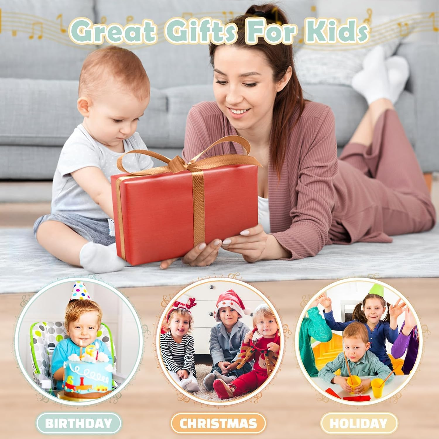 Kids Wooden Musical Instruments Toys, 6 in 1 Toddlers Music Enlightenment Percussion Toys Xylophone Drum Tambourine Sensory Toys for Baby Boy Girl Gift image number 1