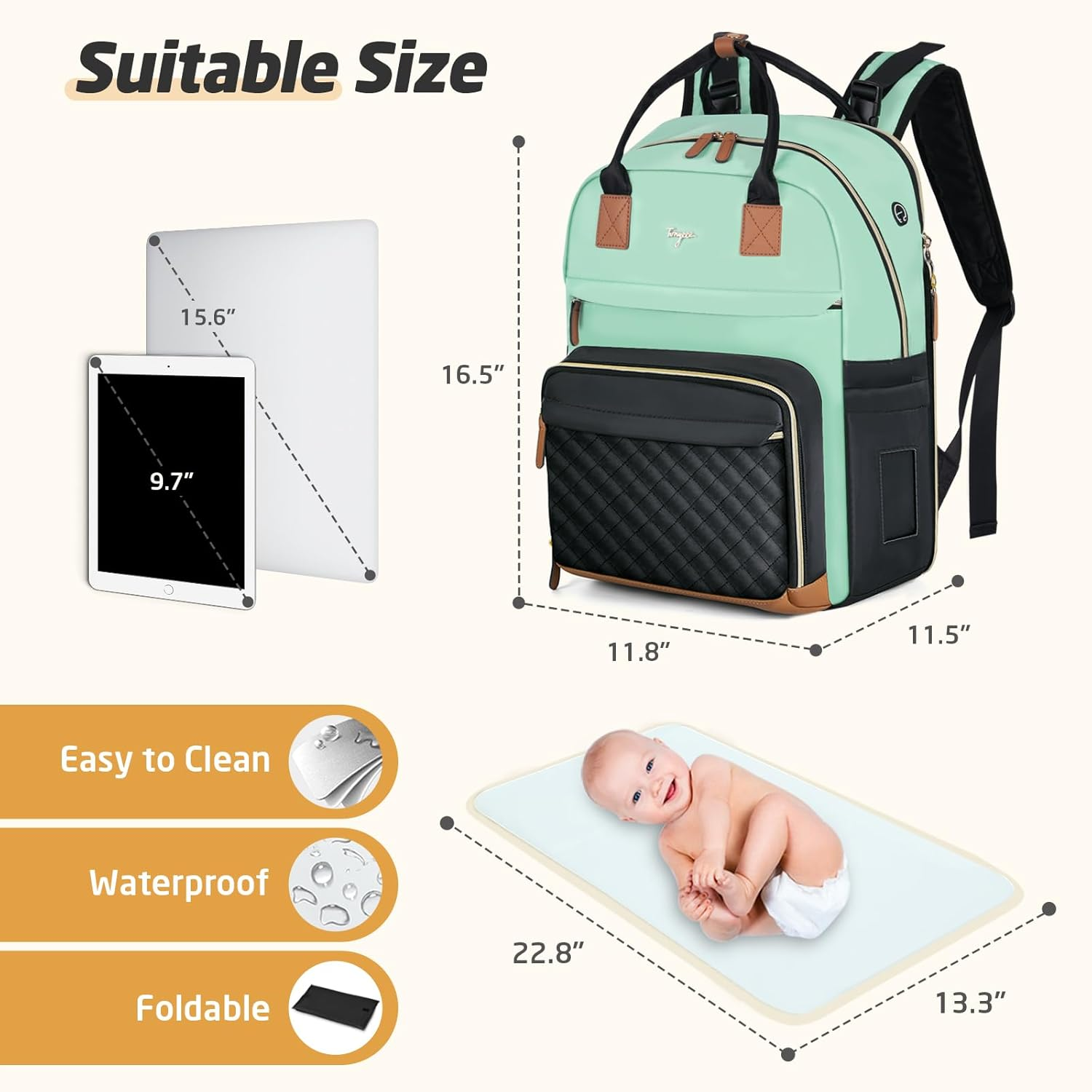 Extra Large Diaper Bag Backpack, Diaper Bag for 2 Kids, Twin Diaper Bag 25-37L Expandable - Apricot  Grey image number 2