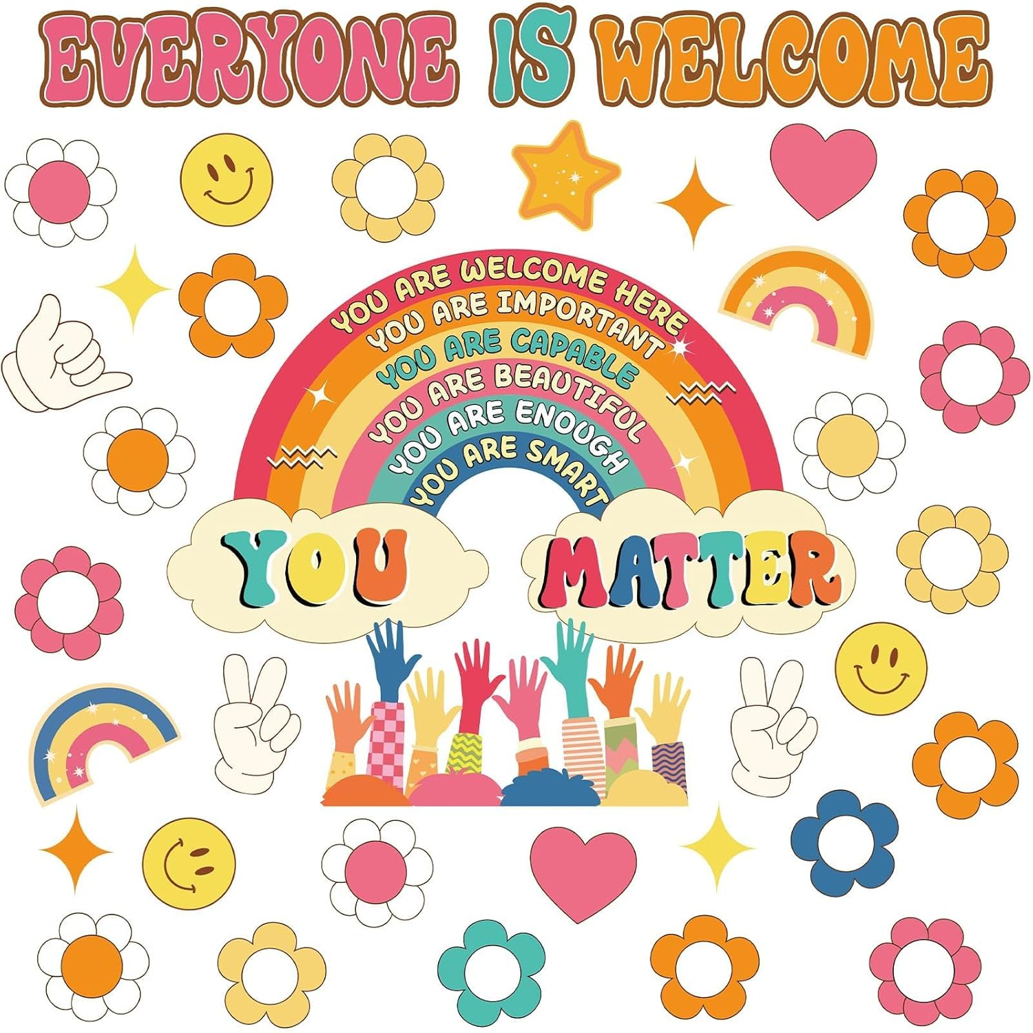 VABAMNA Boho Bulletin Board Decorations for Classroom, 35Pcs Everyone Is Welcome Classroom Positive Motivational Inspirational Affirmation Wall Decor Boho Rainbow Cutouts for Teacher School Supplies