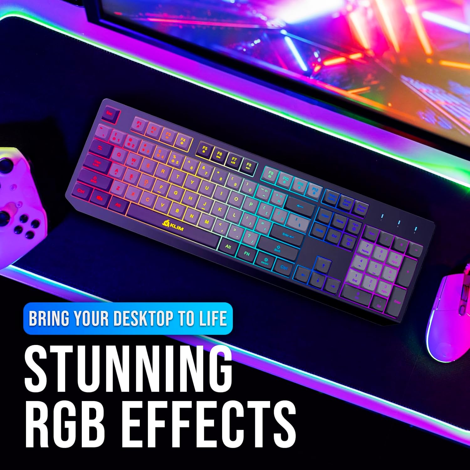 KLIM Chroma Wireless Gaming Keyboard RGB - Backlit Wireless Keyboard - Long-Lasting Rechargeable Battery - Quiet Water Resistant Ergonomic Keyboard - Teclado Gamer - PC PS5 PS4 Mac - Gray/Black image number 2