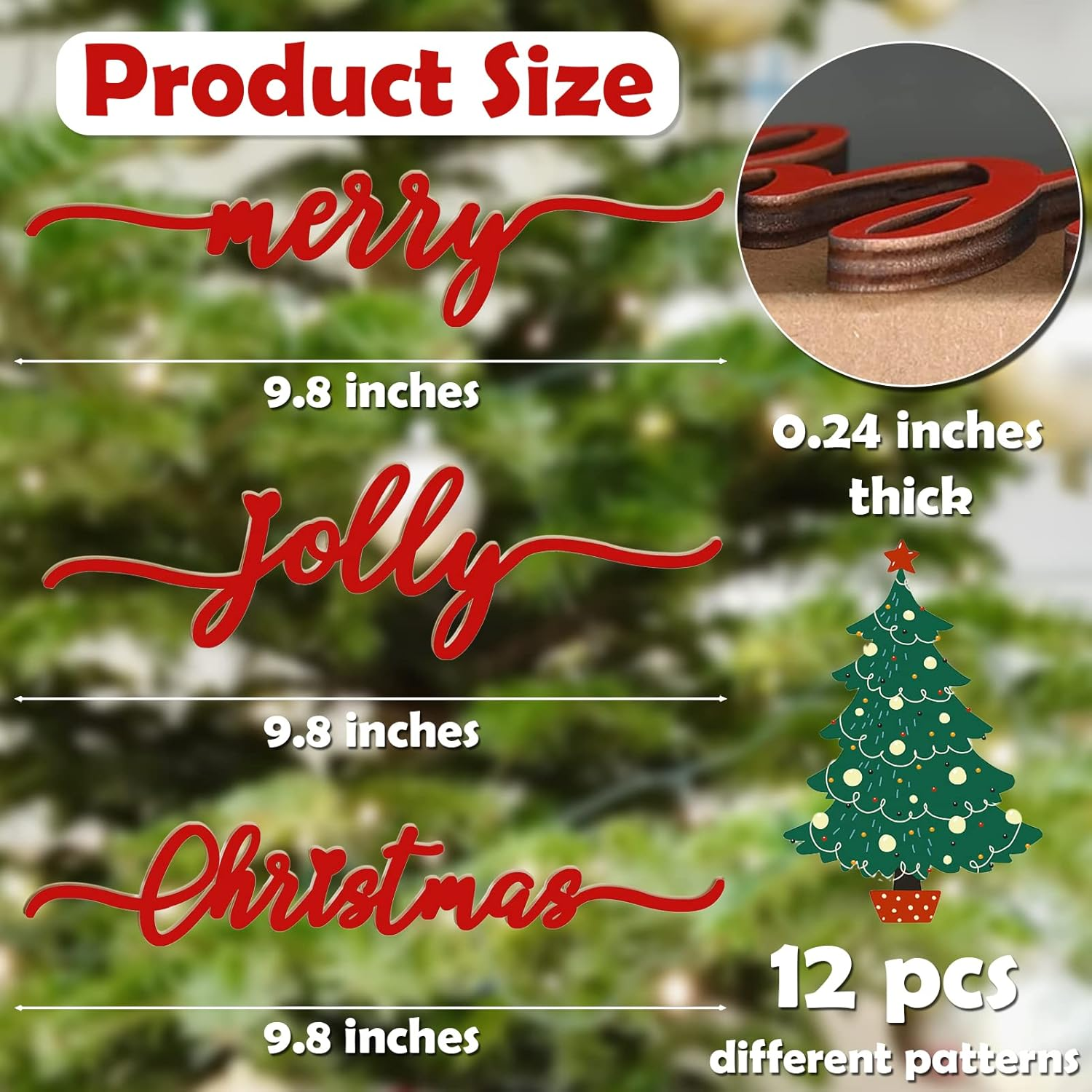 BORAMDO Christmas Letter Wall Sign Decor 12Pcs, Wooden Words Cutouts for Home Decorations, Table Plate Rustic Ornaments, Blessed Joyful Believe Welcome Merry Christmas Red Signs image number 1